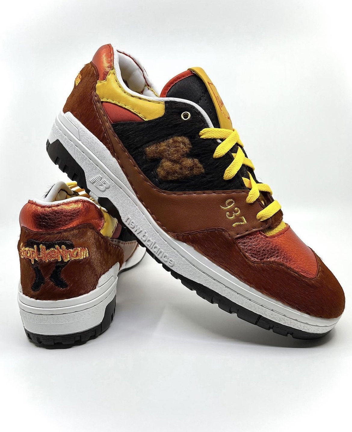 "NnemBella 937" New Balance 550 with custom heel embroidery. Leathers used: Orange Metallic Tumbled, Amarillo Lambskin, Cocoa Pony, Cognac Pony, Cognac Full Grain feat. painted mesh and merino wool branding.