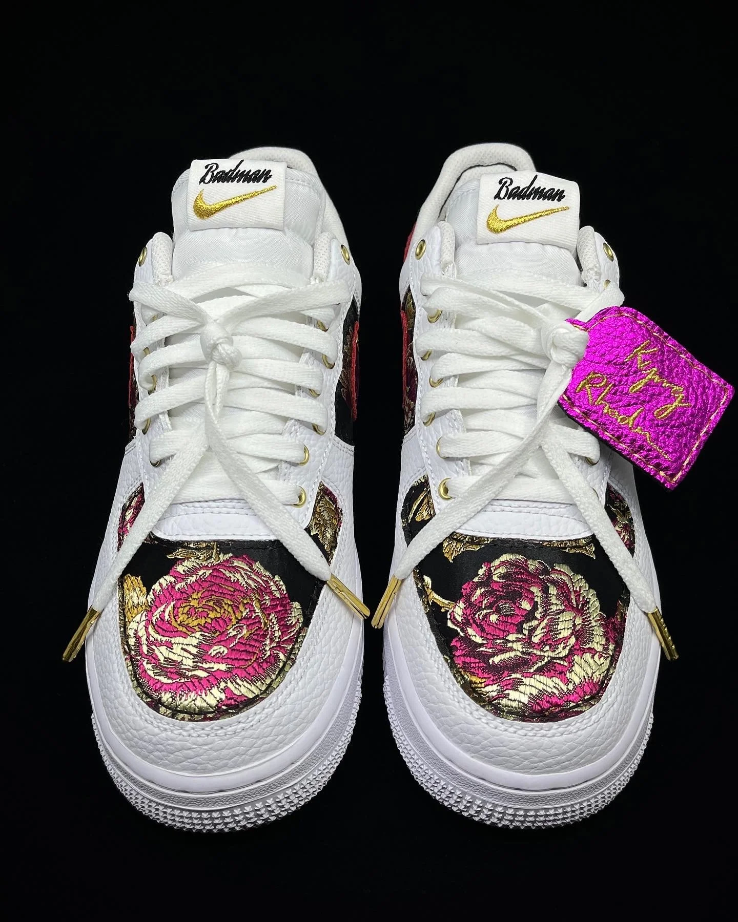 "Flowers Grow Here Too" Nike Air Force 1 for Kyng Rhodes feat 100% pure Grade 6A Silk. Rhodes' signature on custom embroidered hang tag. Leather used: Magenta Metallic Tumbled.