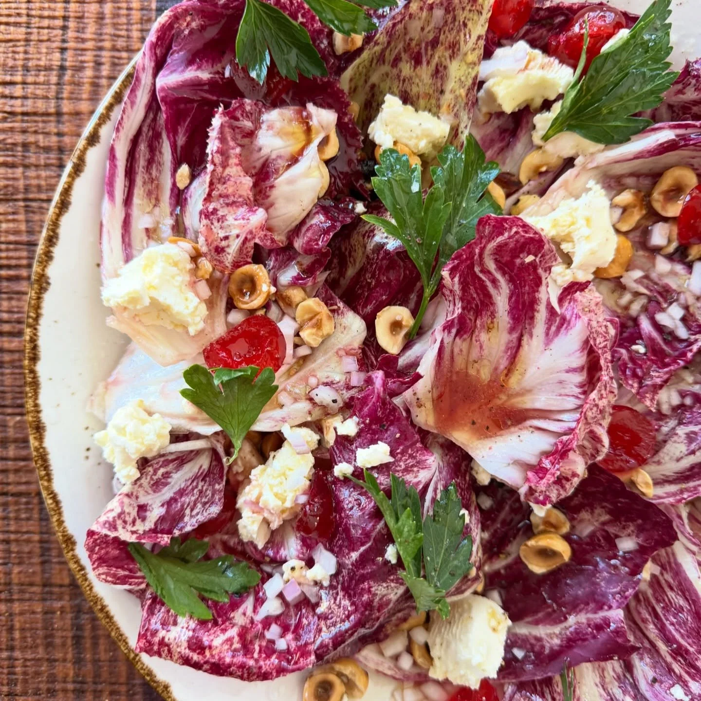 castlefranco raddichio salad 🍒 
.
.
roasted hazelnuts
candied cherries 
persian feta 
agrodolce shiraz vinaigrette 
finished with @riovistaolives &lsquo; augusto &lsquo;
.
.
#summer