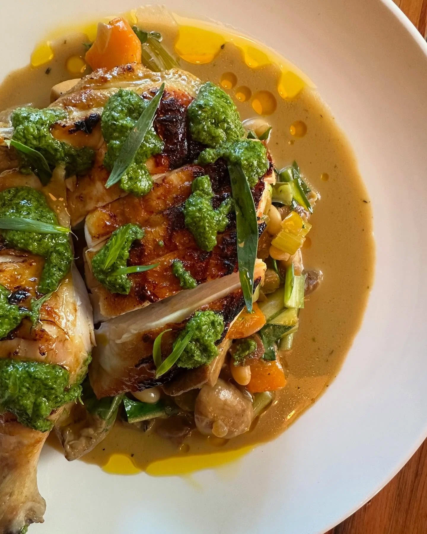 bbq chook 
.
.
clare valley free range chook 
porcini mushroom cassoulet 
green olive and ortiz salsa verde
chickory + tarragon 
.
.
#summerish