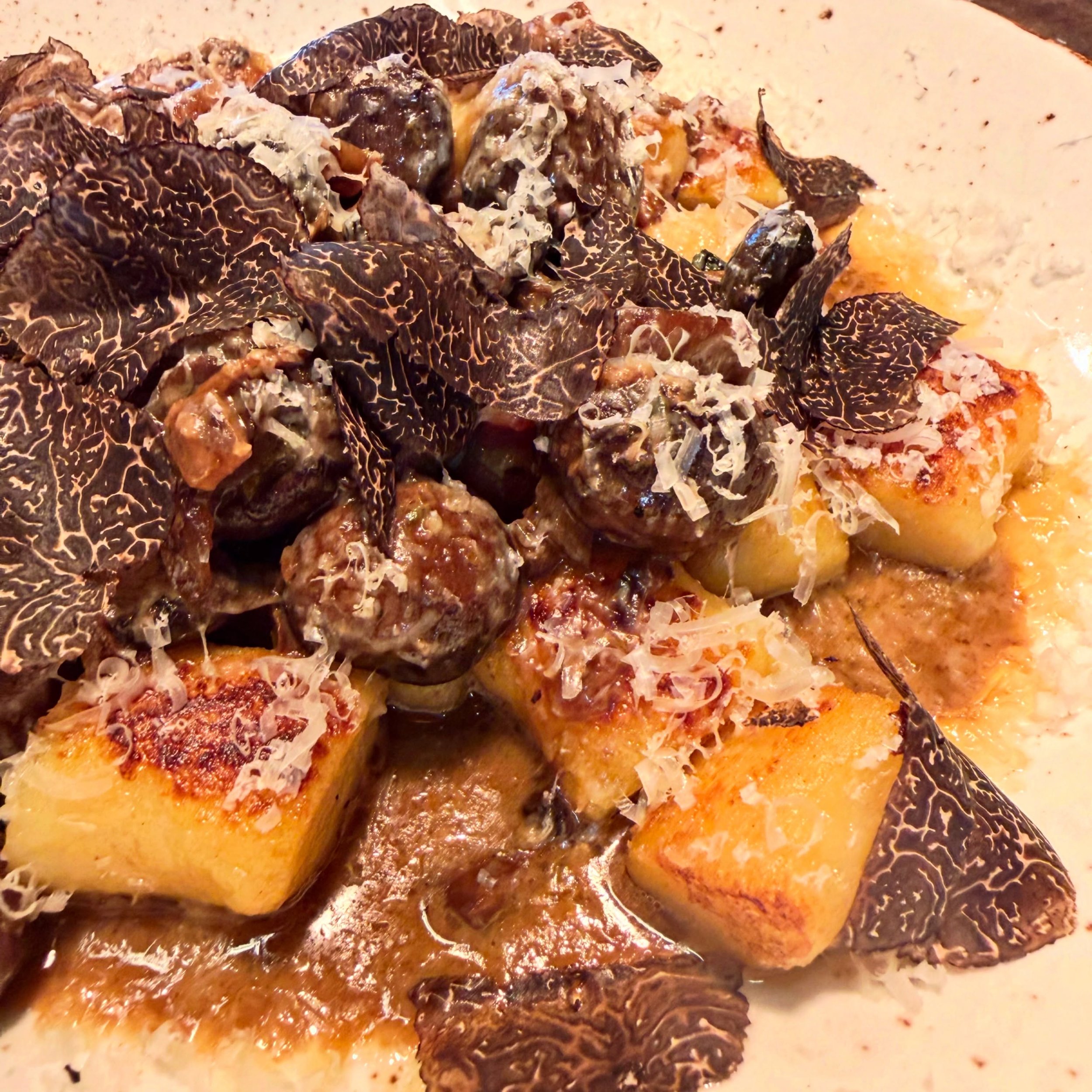 still feeling winter ❄️ 🥔 🍄&zwj;🟫 
.
.
black truffle gnocchi a&rsquo;la herringbone 
fricassee of porcini mushroom 
piccadilly valley black truffles
parmigiano reggiano
.
.
@quercustruffles @truffle.merchant