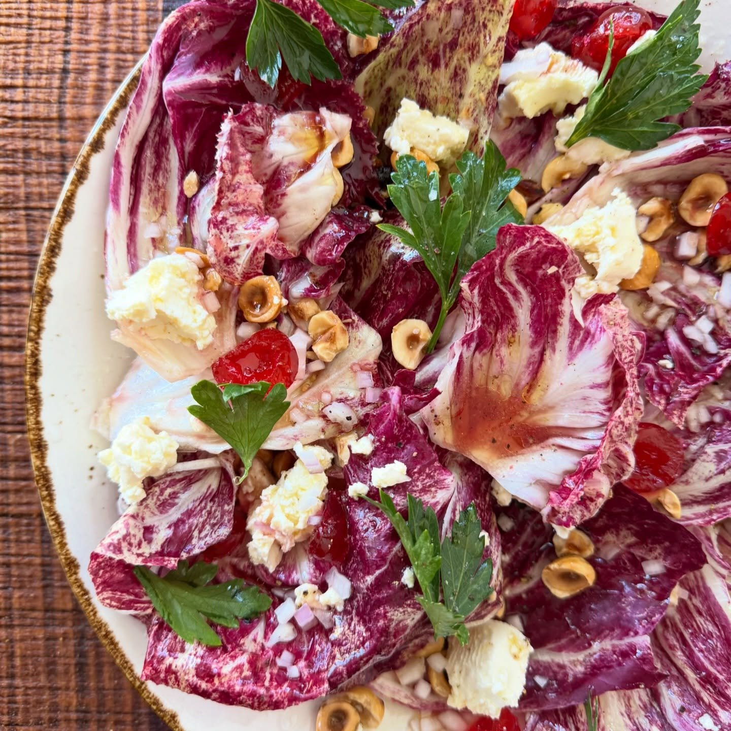 castlefranco raddichio salad 🍒 
.
.
roasted hazelnuts
candied cherries 
persian feta 
agrodolce shiraz vinaigrette 
finished with @riovistaolives &lsquo; augusto &lsquo;
.
.
#summer