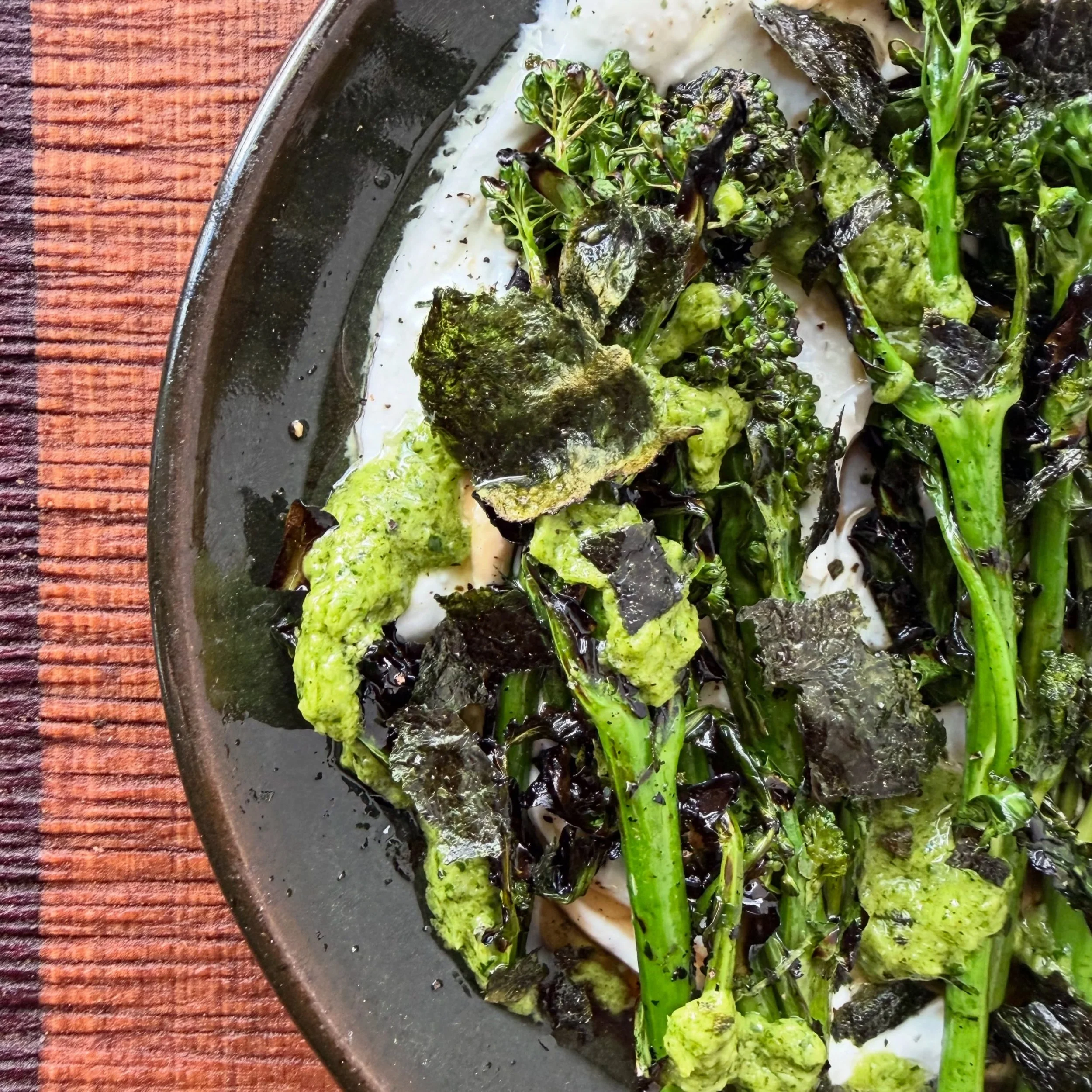 Loving this broccoli 🥦 from Ernabella Farm in the Piccadilly Valley. &lsquo;Piracicaba&rsquo; is an abundant producer of sweet flavoured, succulent side shoots. Grilled over fire 🔥 
.
.
feat. bbq spring onion smash 💥 
honey + soy + olive oil glaze