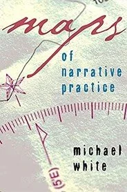 Book cover titled 'Maps of Narrative Practice' by Michael White, featuring a compass rose and a ruler on a textured, pastel-colored background.
