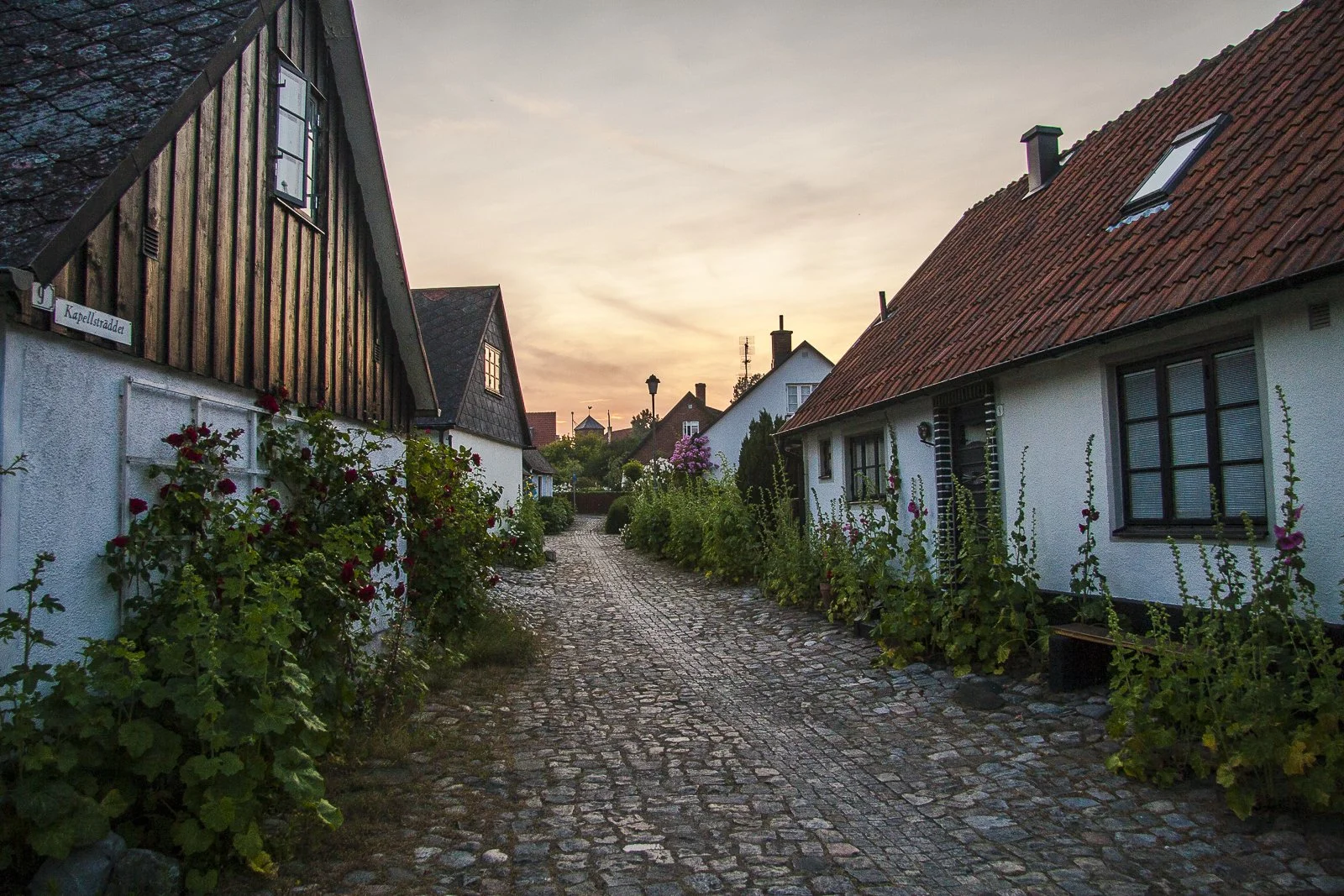 Dusk in the village of Skillinge in Sweden.
