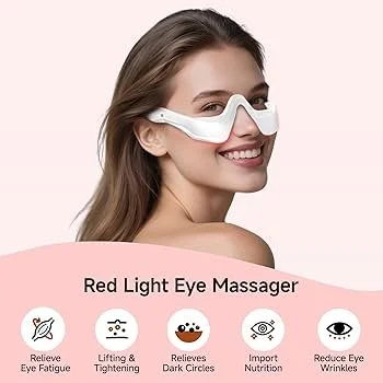 Smiling woman wearing red light eye massager goggles against a pink background with icons and text describing eye care benefits.