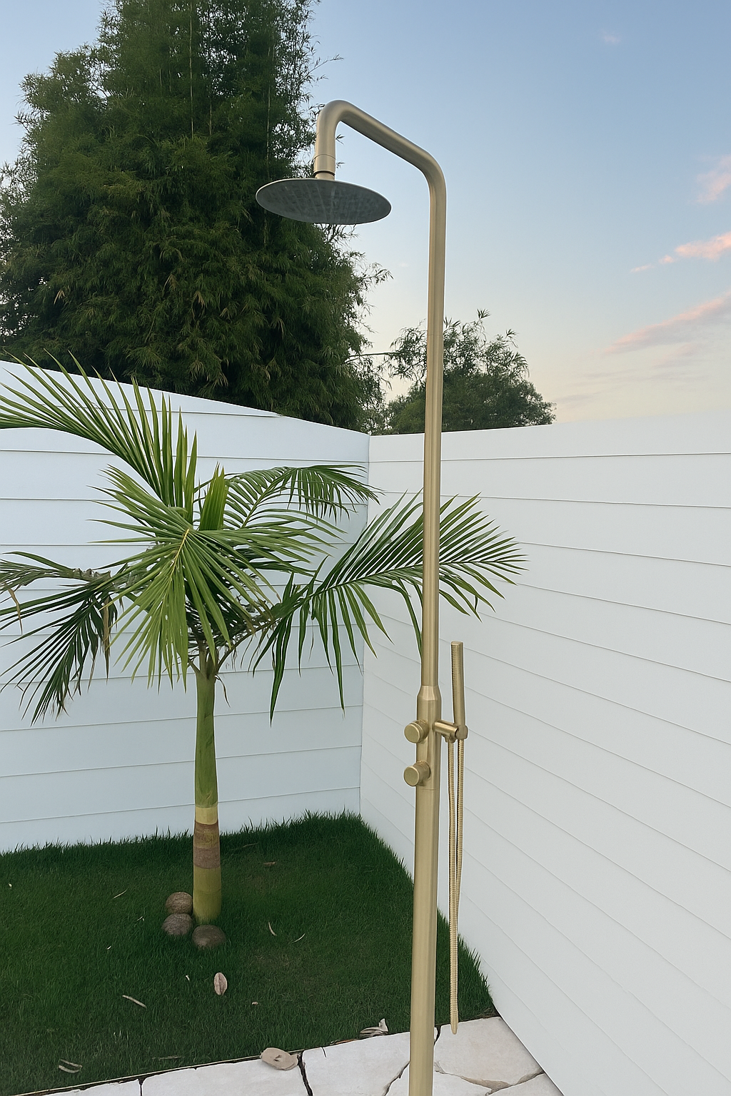 Outdoor shower with a rain shower head, next to a palm tree and a white privacy fence, during sunset.