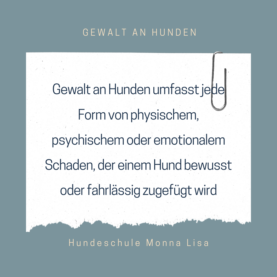 Informationsschild mit Text über Gewalt gegen Hunde, mit einem großen Büroklammer an der oberen rechten Ecke, auf blauem Hintergrund.