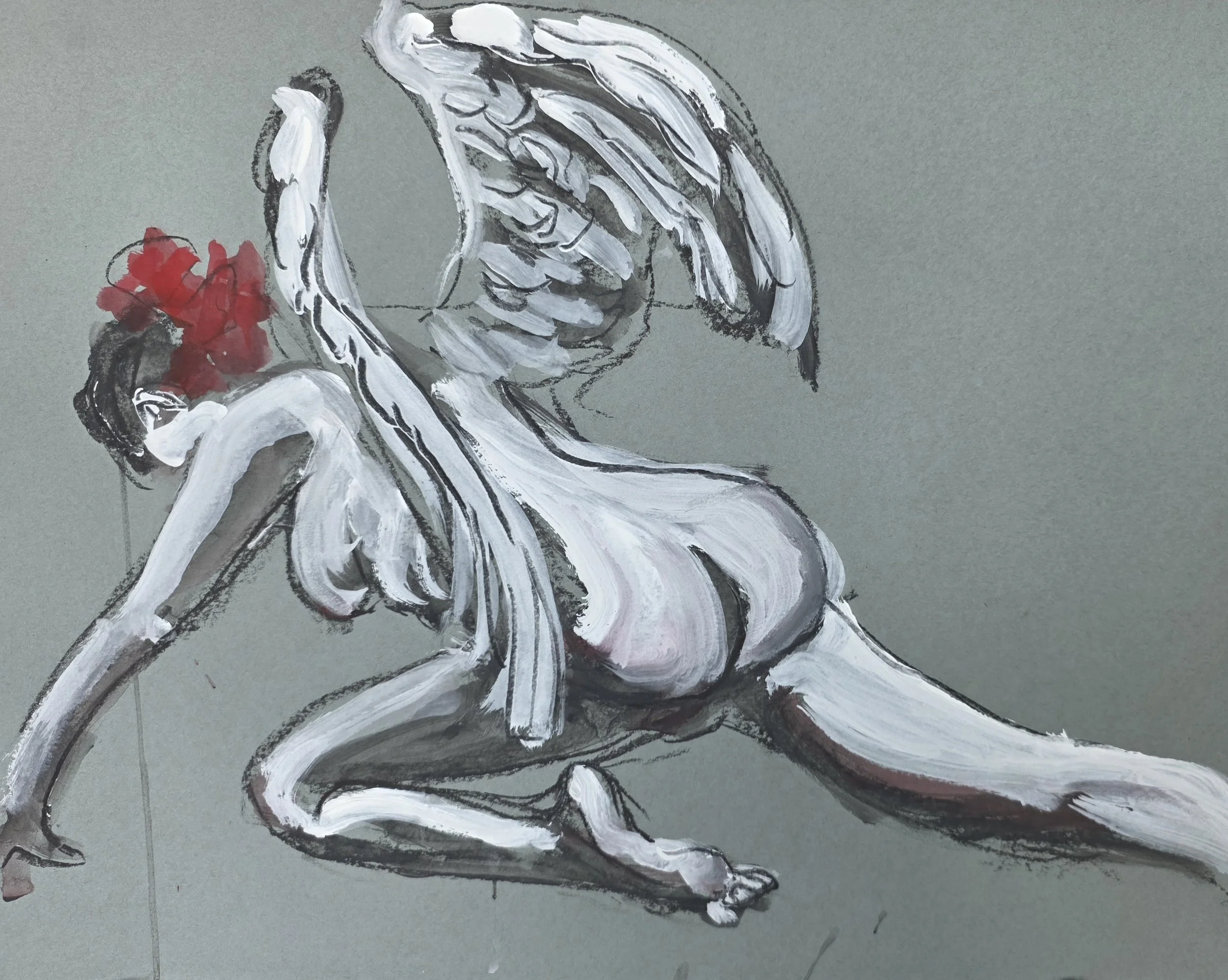 Fallen Angel | Sepia Ink, Gouache on Tone Blue Paper | 47.5cm x 61cm