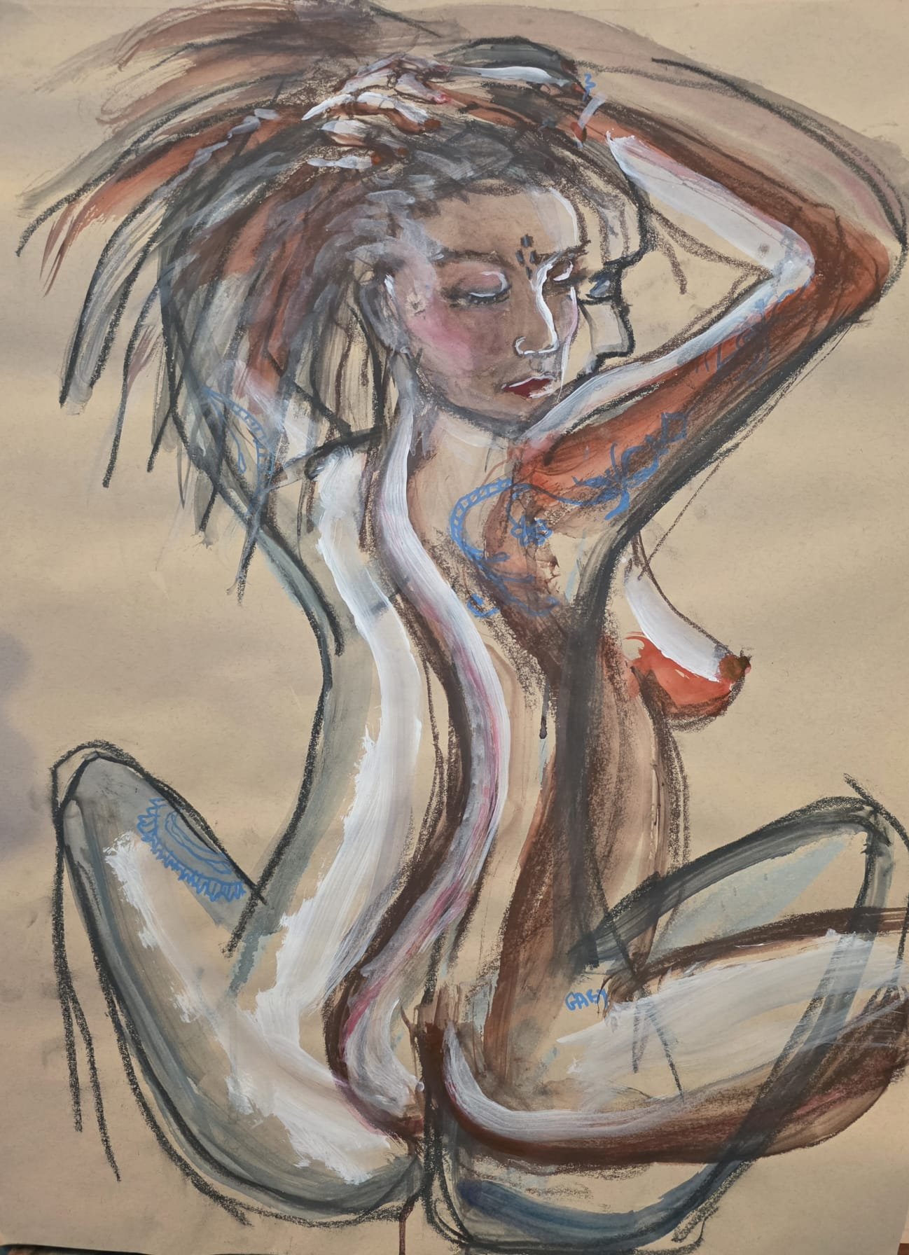 Lotus Girl | Russian Pastel Sauce, Acrylic, Gouache on Tone tan sketch paper (45.7x61 cm) 118g/m2