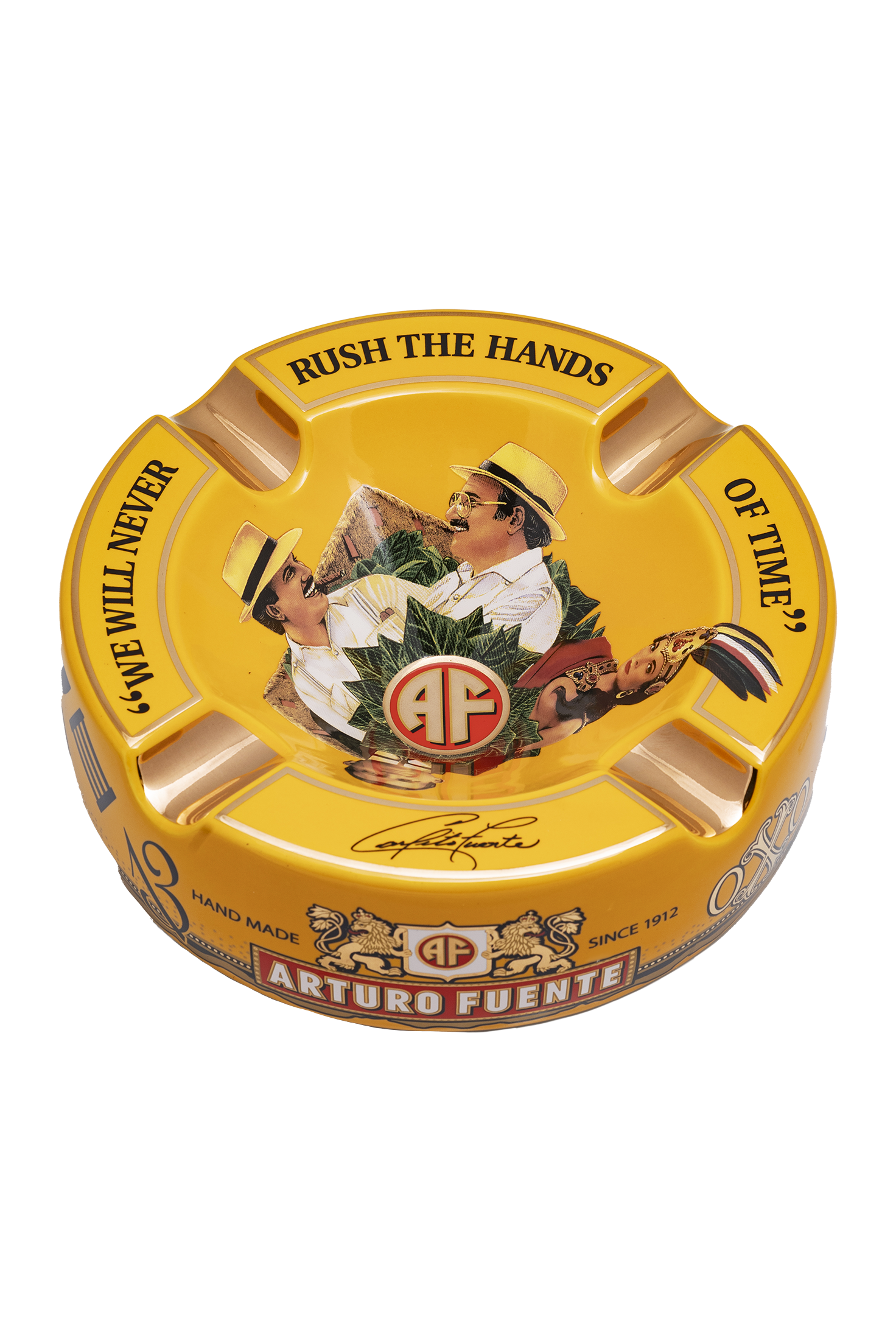 Arturo Fuente Rnd Dec Ceramic "Hands of Time" Ashtray Mustard