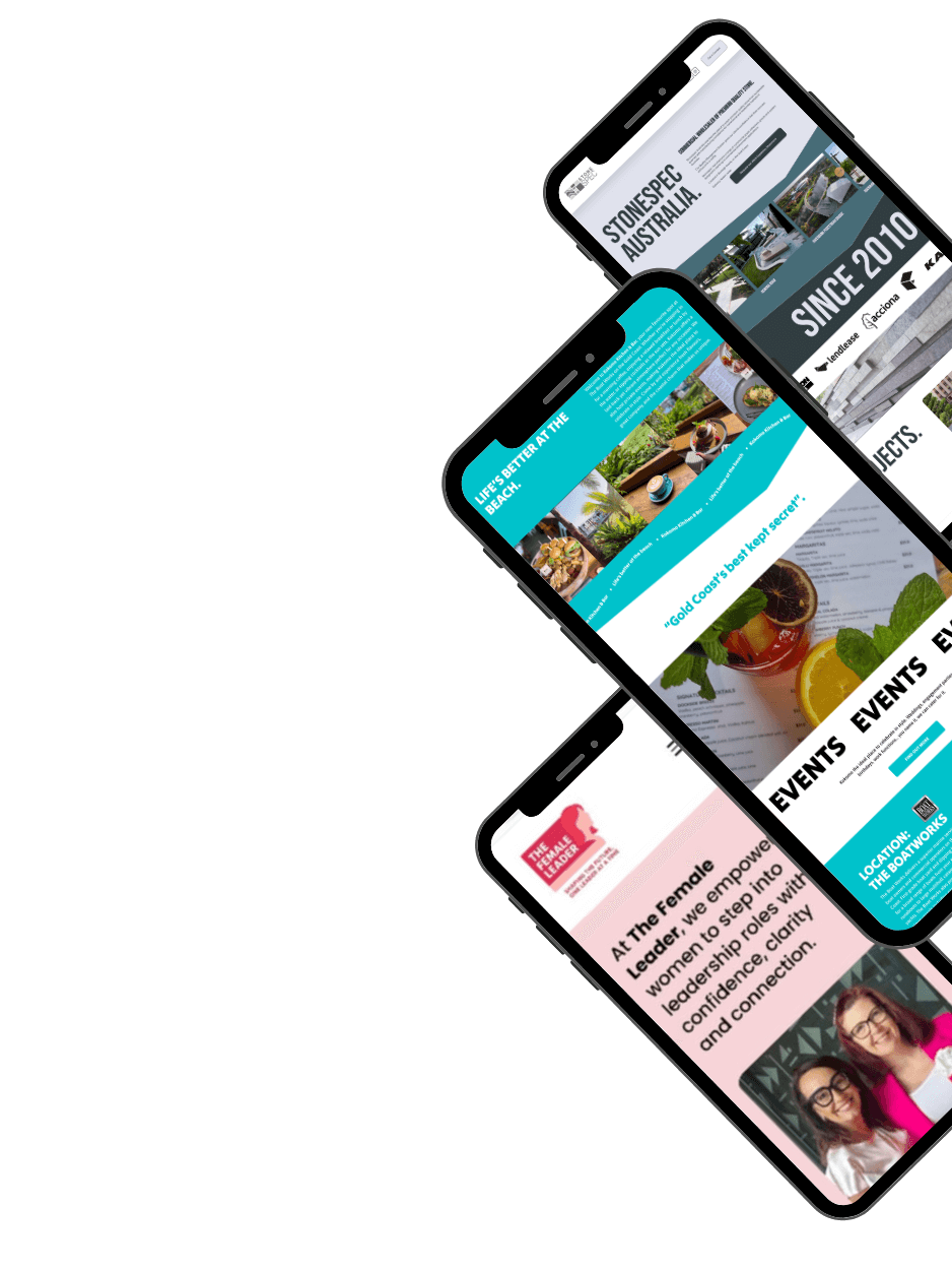 Three smartphones displaying different website pages, showing travel, event, and leadership topics.