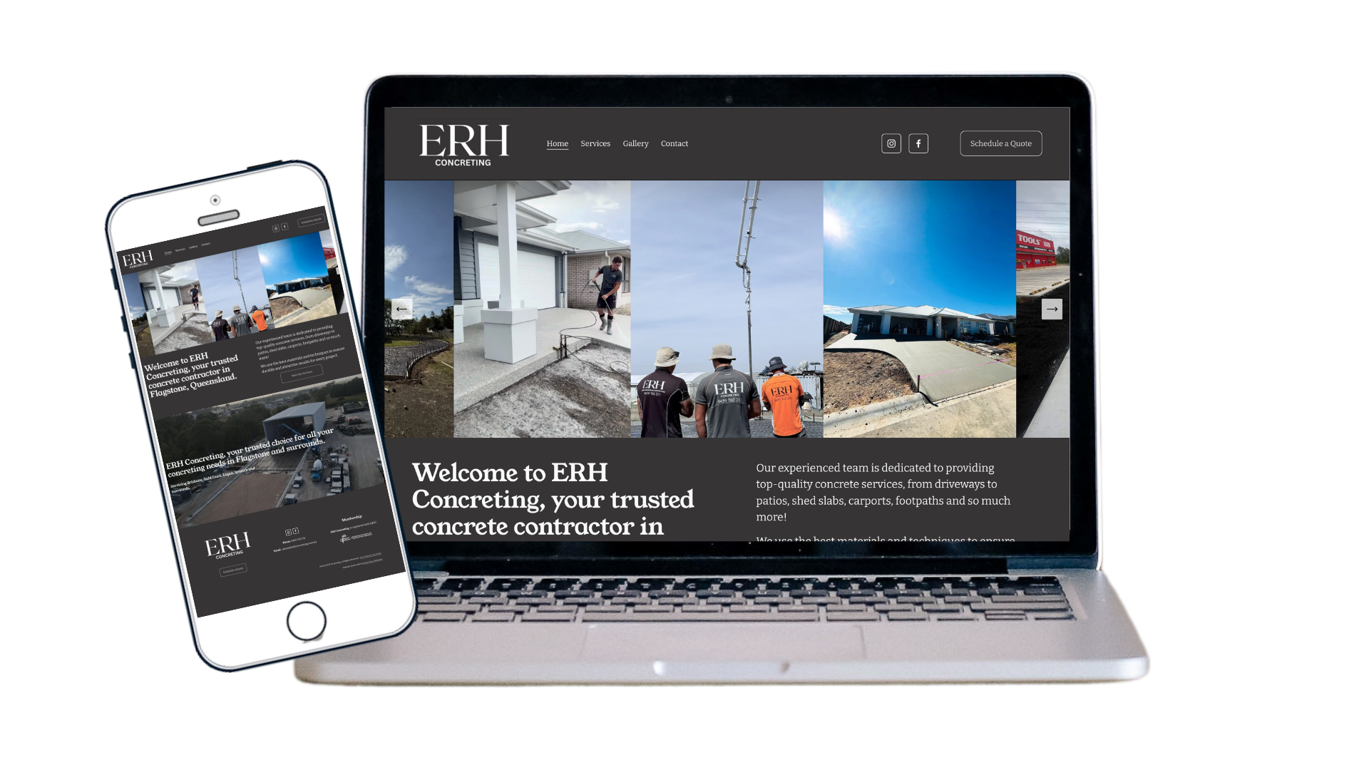 ERH Concreting, a concrete contracting company, with images of concrete work at various construction sites. Website design by Easy Peasy Websites