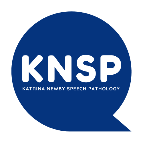 Logo for Katrina Newby Speech Pathology featuring the initials KNSP inside a blue speech bubble. design by Easy Peasy Websites