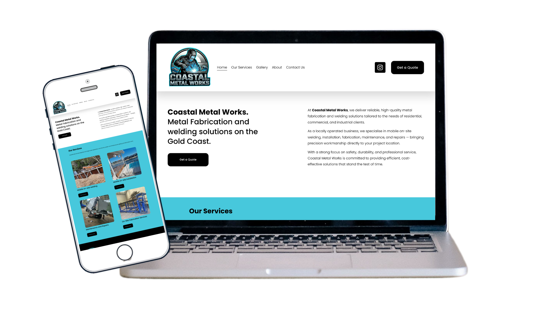 A laptop and a smartphone displaying the Coastal Metal Works website, which offers metal fabrication and welding services on the Gold Coast, with a logo of a welder in an armored suit. Website design by Easy Peasy Websites