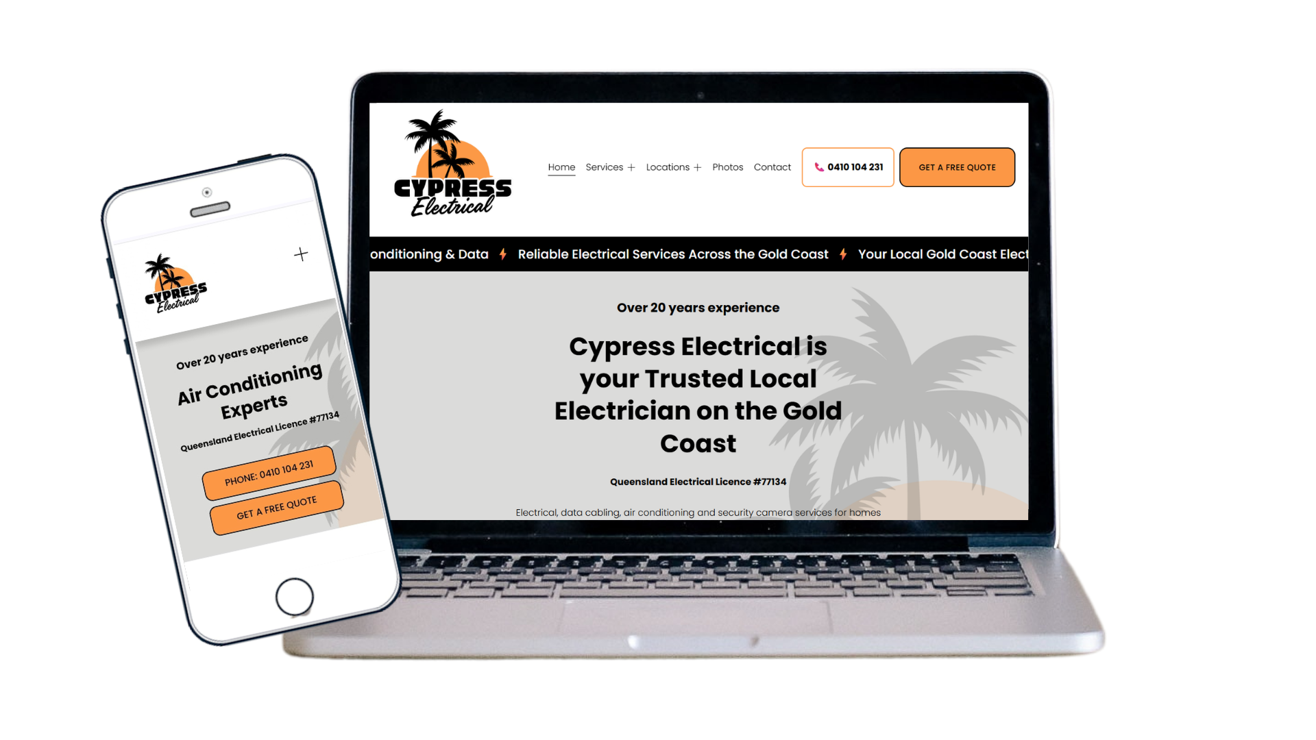 Custom Squarespace website design for Cypress Electrical, a Gold Coast electrician, featuring services, branding, mobile optimisation and SEO setup.