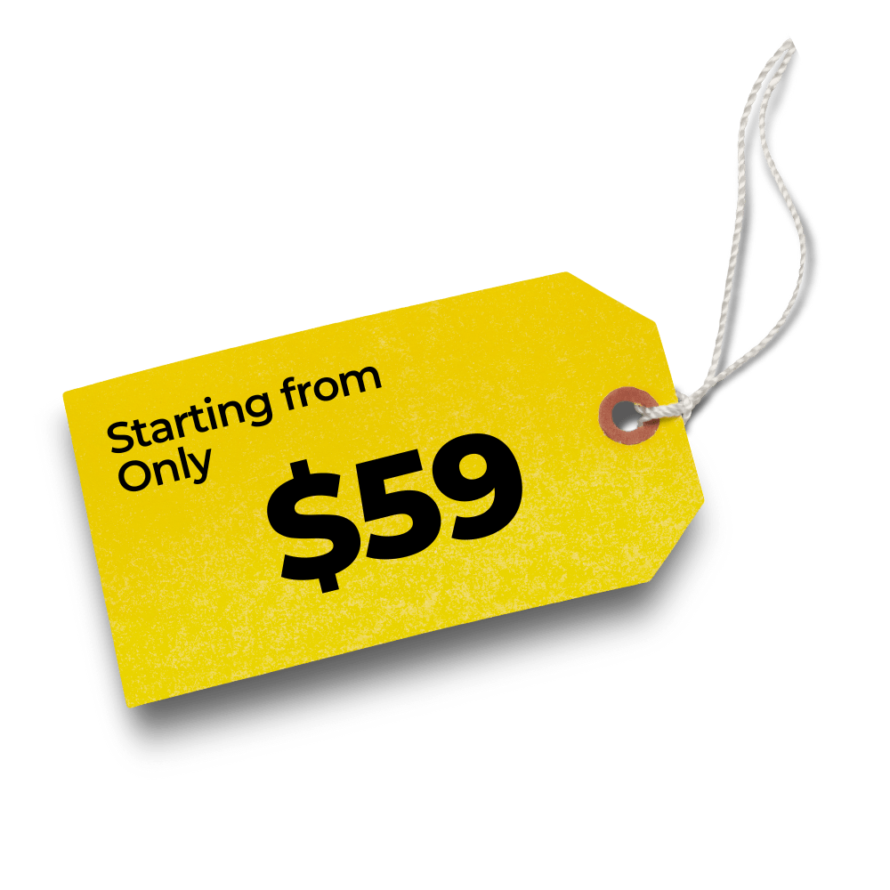 Yellow price tag with black text that reads 'Starting from Only $59' and a white string for hanging.