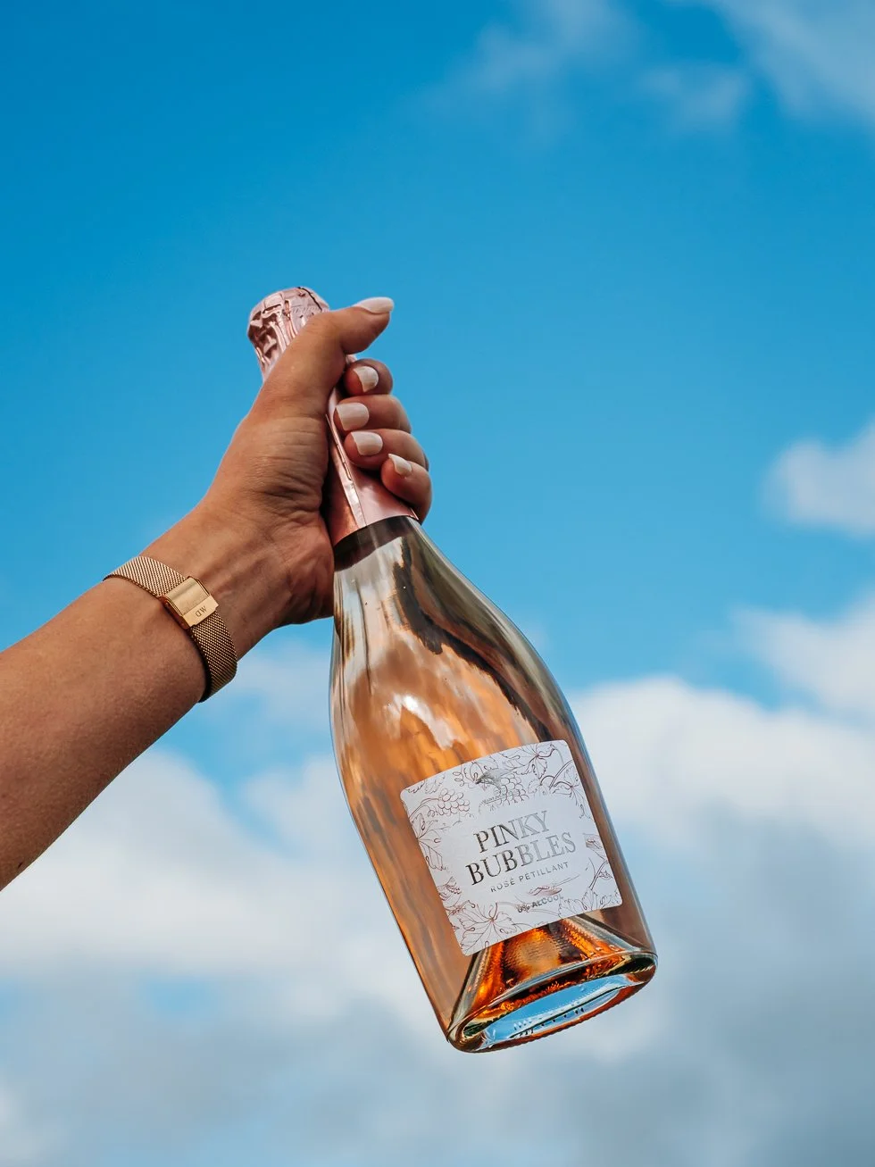 Main tenant une bouteille de Pinky Bubbles sous un ciel bleu en Béarn pour la campagne de lancement.