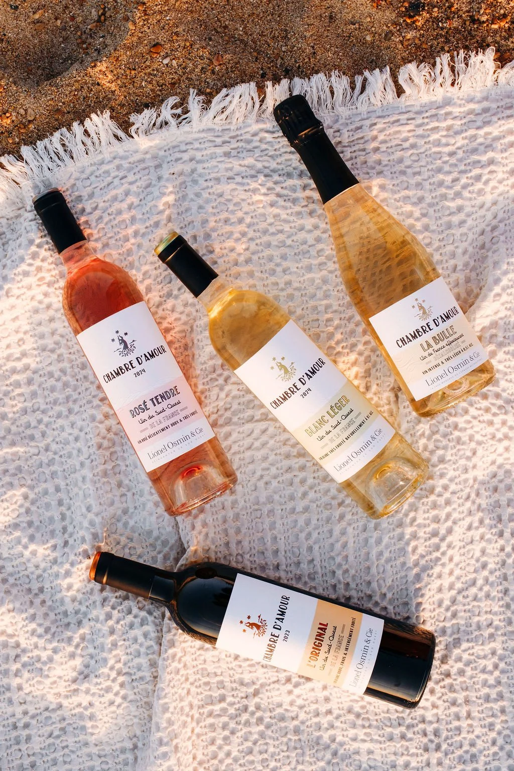 Vue en plongée d'une mise en scène pique-nique sur la plage avec les vins frais Chambre d'Amour au Pays Basque