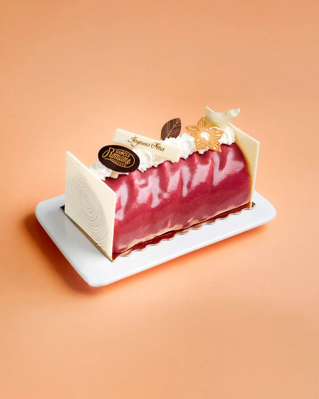 Packshot de bûche de Noel aux fruits rouges pour Glaces Romane à Hossegor