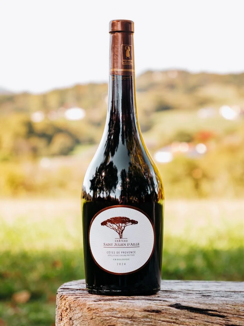 Bouteille de vin rouge posée sur une souche en bois avec paysage de campagne en arrière-plan