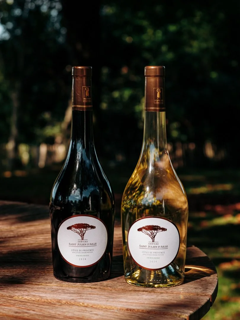 Deux bouteilles de vin Saint Julien d'Aille posées sur une table en bois en extérieur au Pays Basque