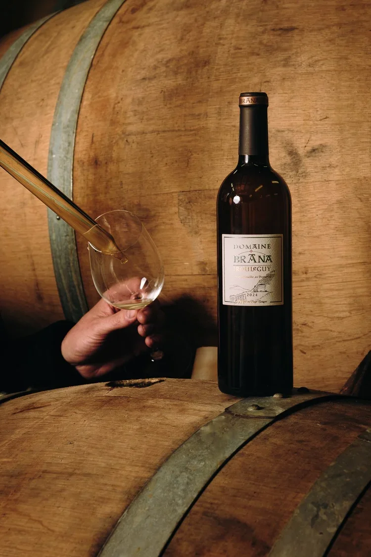 Bouteille de vin Irouléguy Domaine Brana et verre posés sur un tonneau en cave au Pays Basque