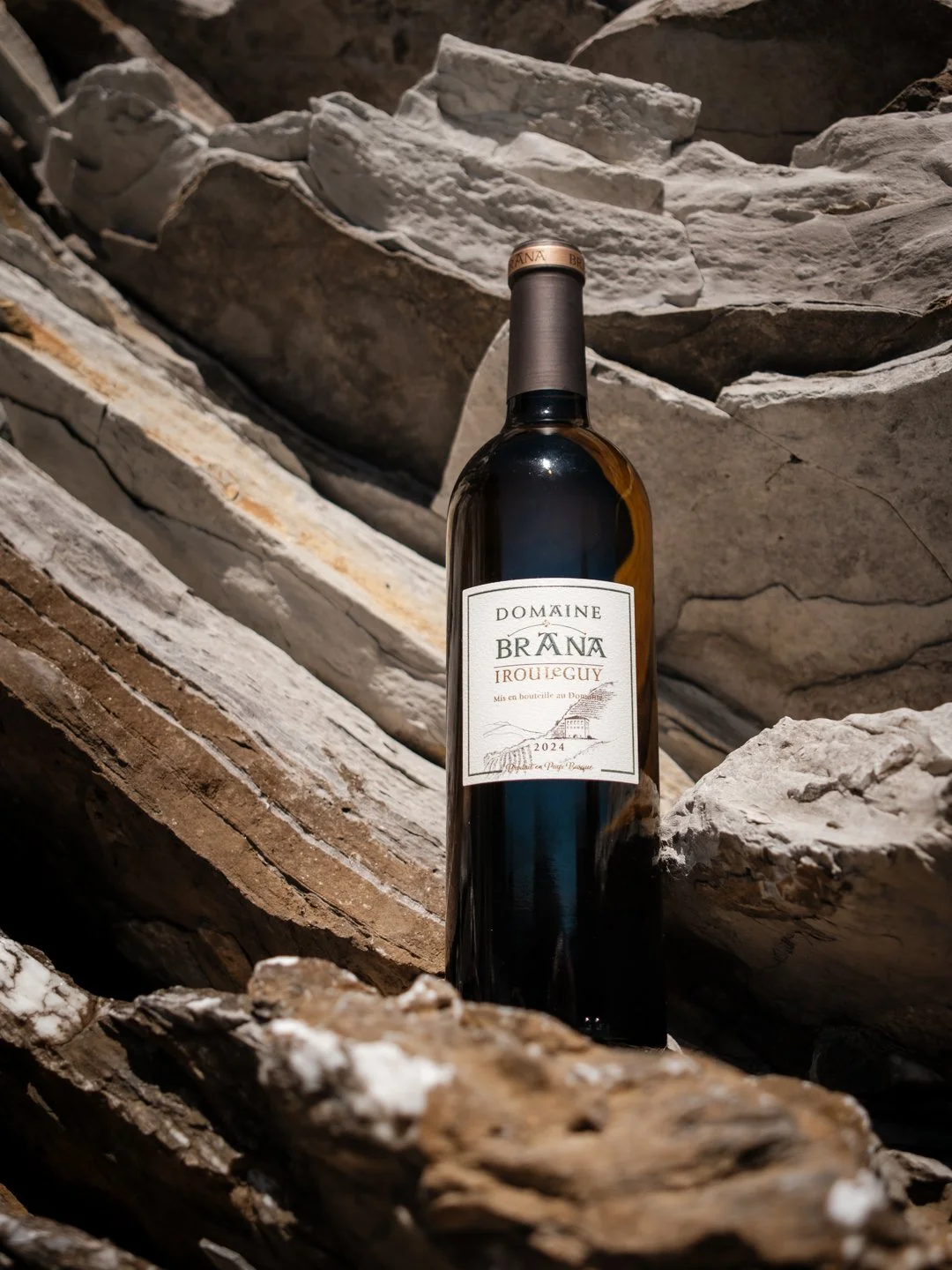 Bouteille de vin blanc Irouléguy du Domaine Brana posée sur la roche brute