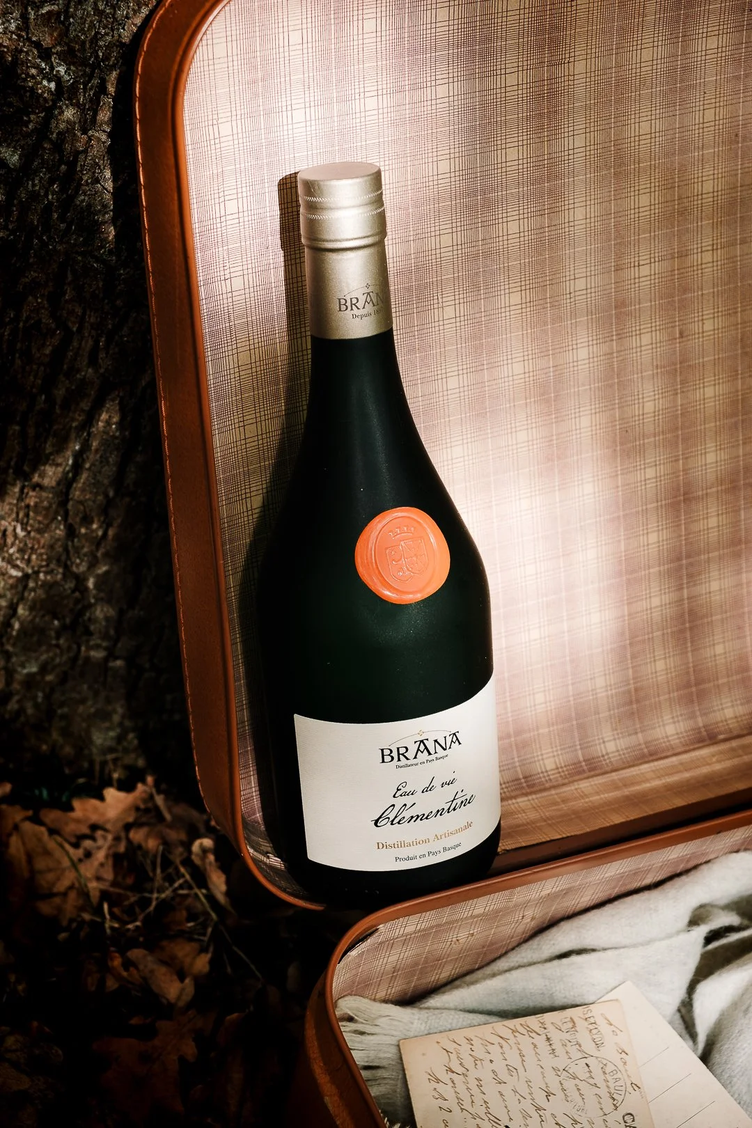 Bouteille d’eau-de-vie de clémentine dans une valise vintage adossée à un arbre