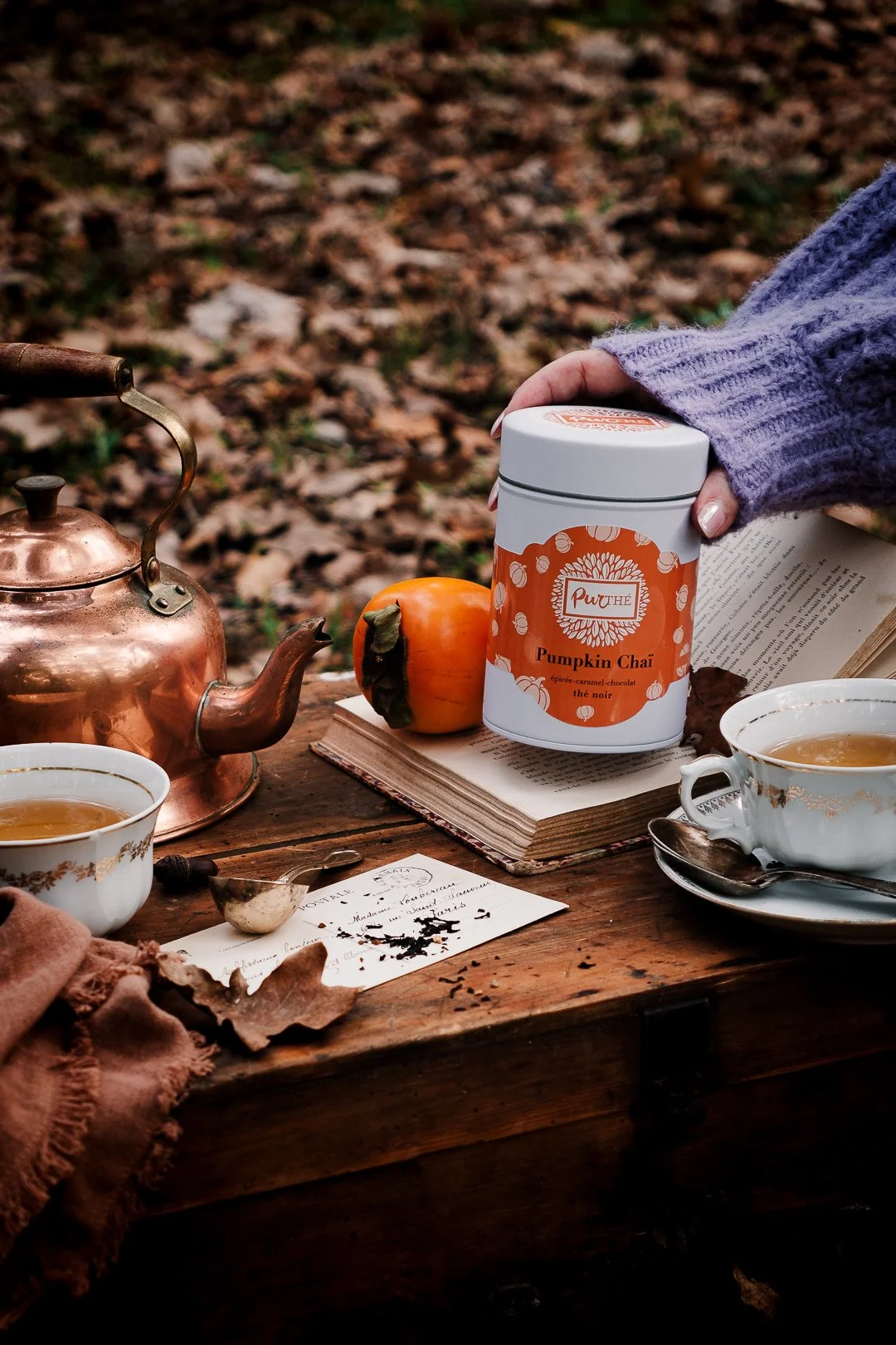 Boîte de thé Pumpkin Chaï tenue à la main, kaki et livre ancien en forêt