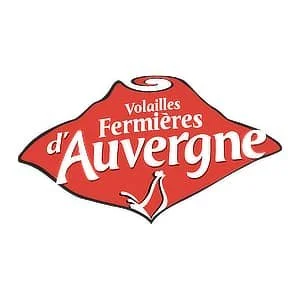 Logo de volailles fermières d'Auvergne en forme de poulet rouge avec texte blanc