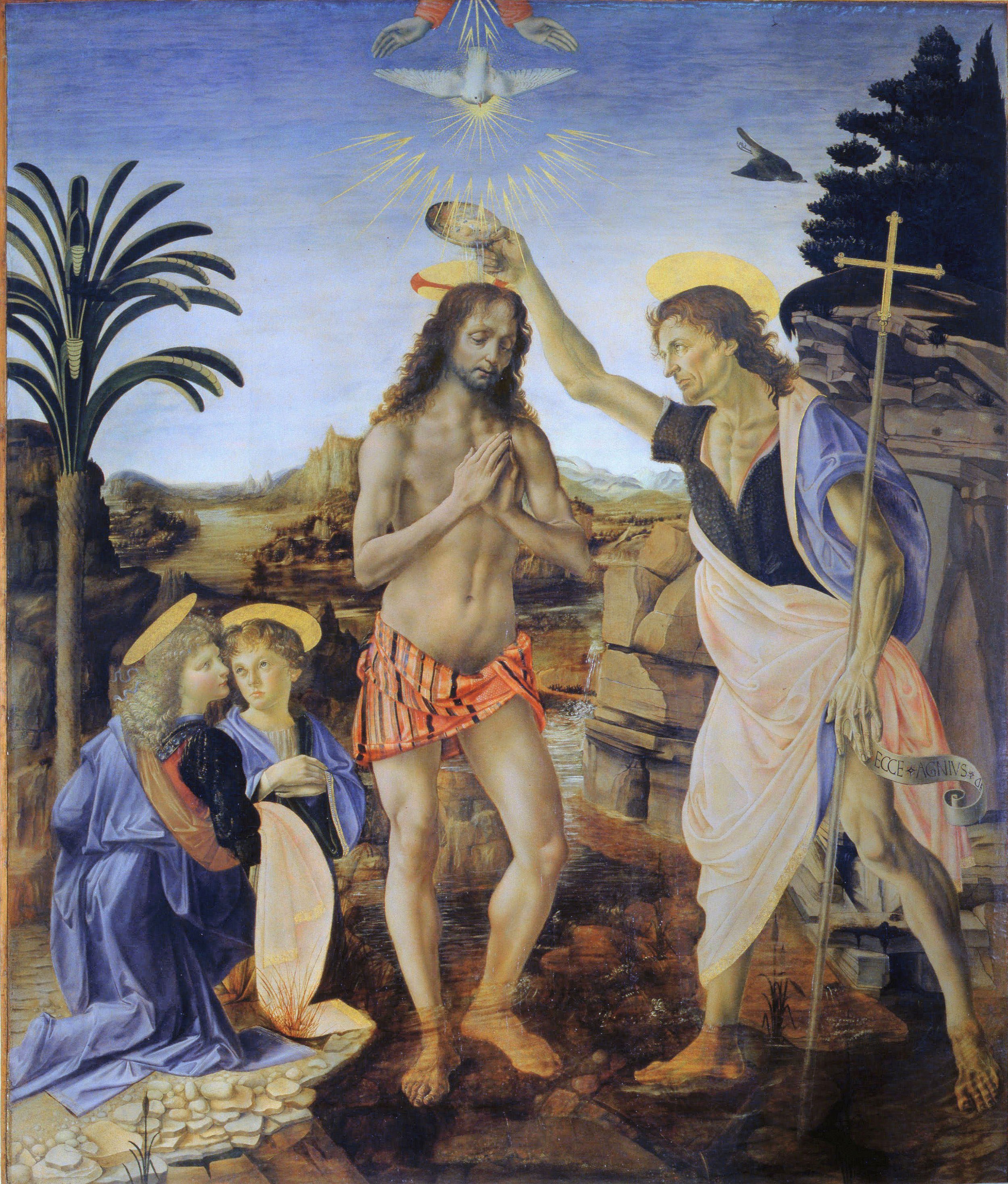 Andrea Verrocchio & Leonardo da Vinci, Baptism of Christ, 1470-80, Uffizi Gallery, Google Art Project.jpg