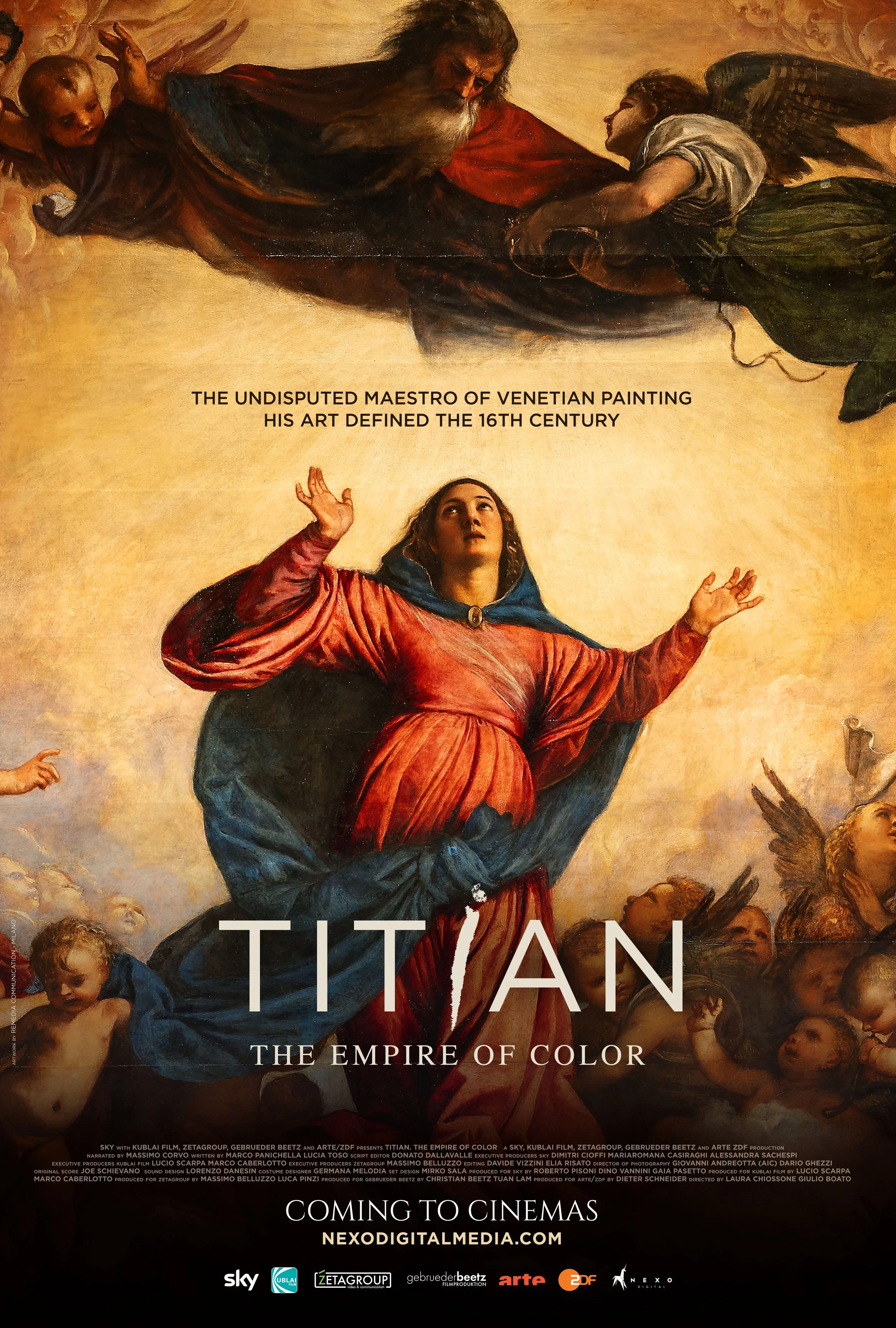 Filmplakat for 'Titian: The Empire of Color' med renessansekunst av en kvinne i rød kappe omgitt av engler. Teksten skryter av Titians betydning i det 16. århundre og informasjon om kinopremiere.