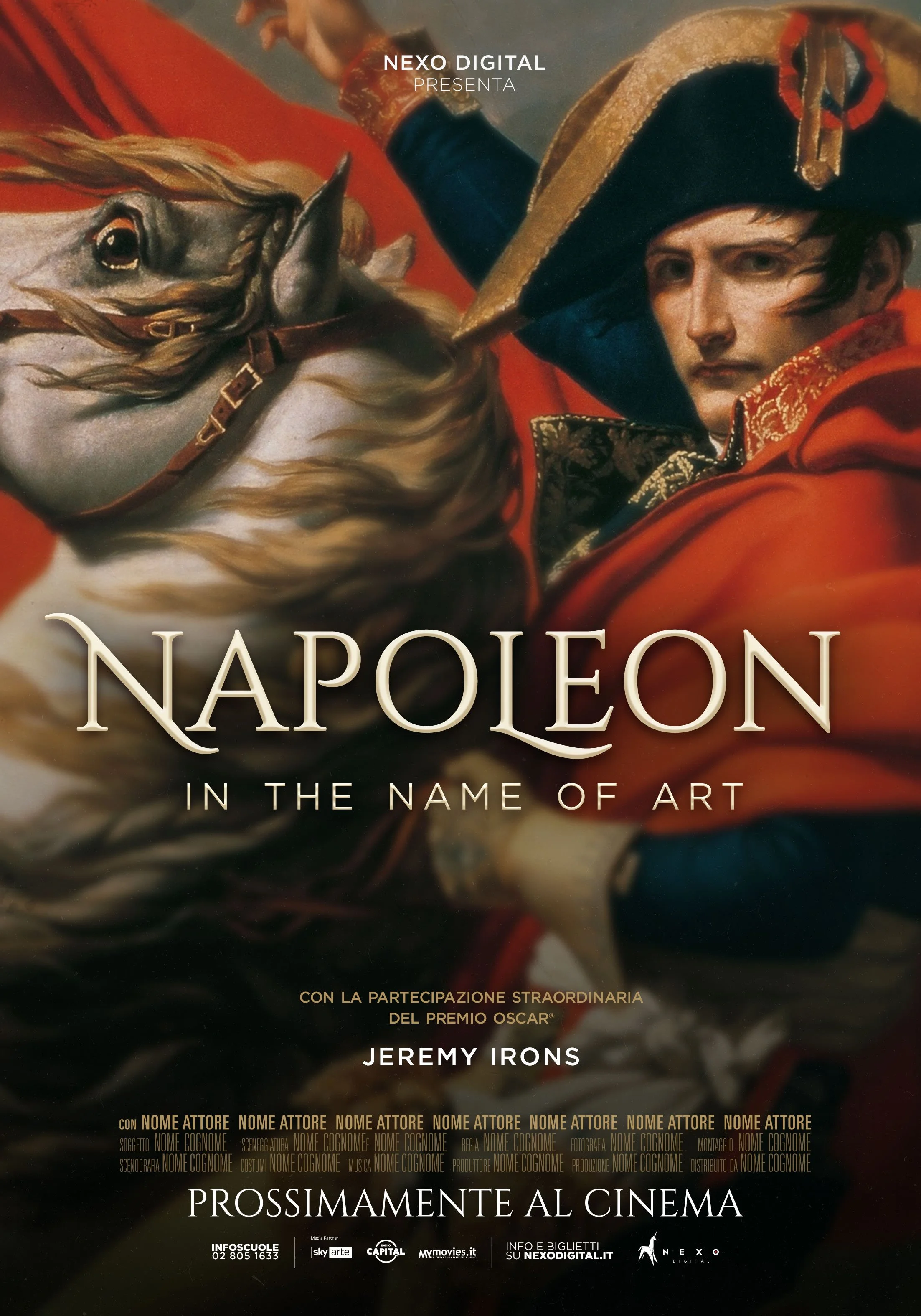 Filmplakat for "Napoleon In the Name of Art" med maleri av Napoleon på hesteryggen, teksten "Napoleon In the Name of Art", og skuespillernavnet Jeremy Irons.