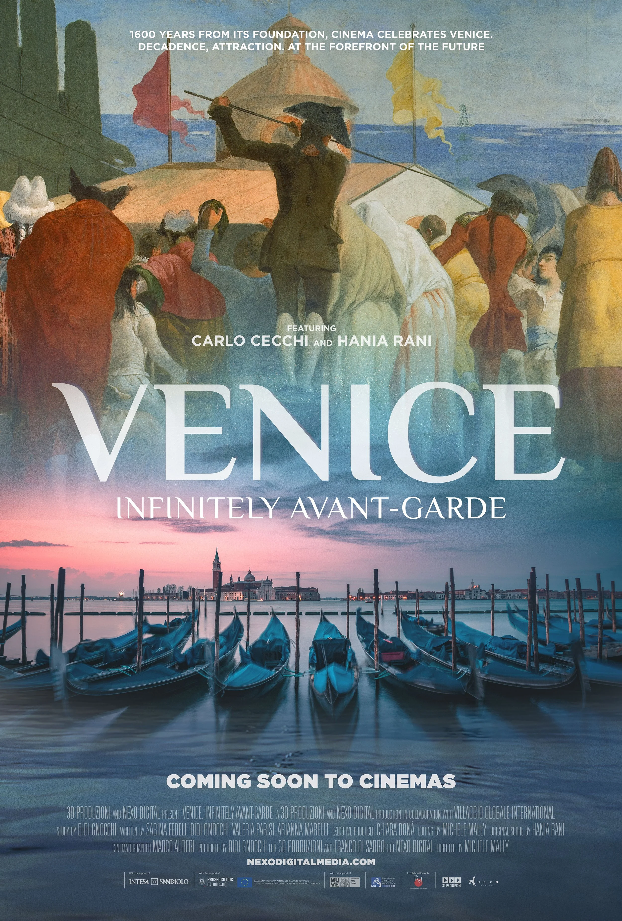 Filmplakat for "Venice: Infinitely Avant-Garde" med gondoler i forgrunnen og et maleri av en venetiansk scene i bakgrunnen. Tekst inkluderer "Coming Soon to Cinemas."