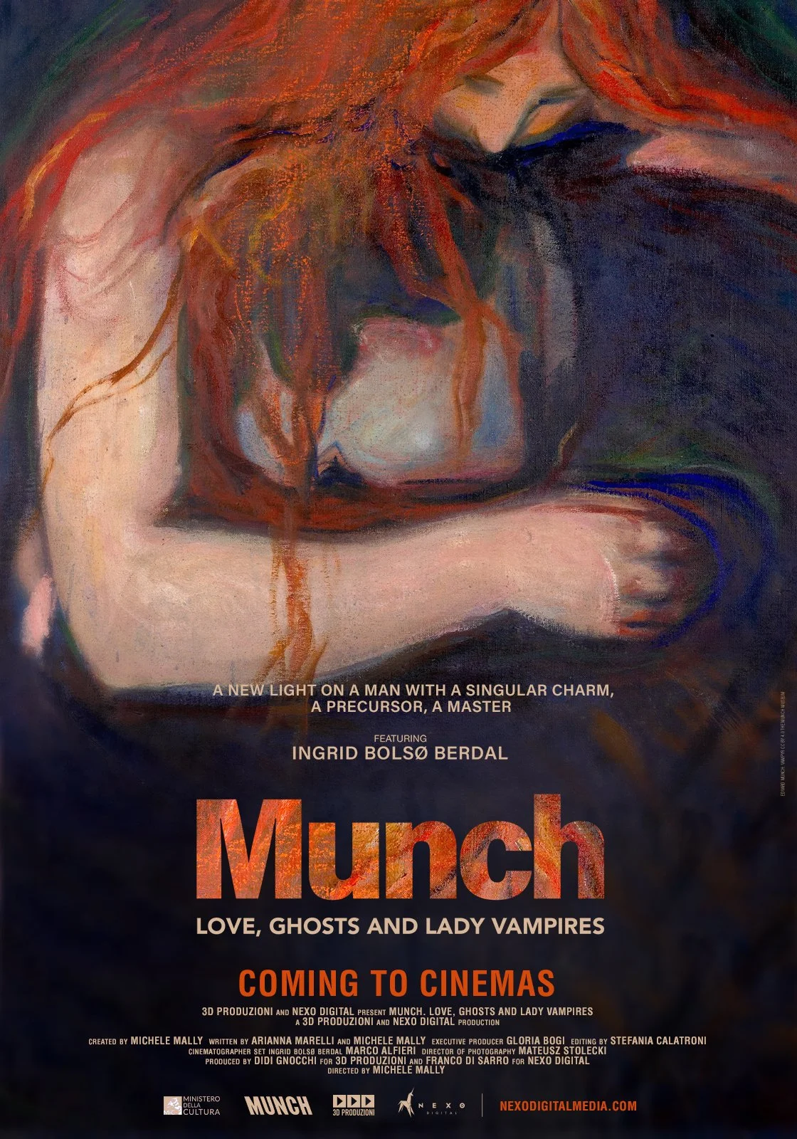 Filmplakat for "Munch: Love, Ghosts and Lady Vampires" med kunstverk av Edvard Munch og tekst som annonserer kinolansering. Ingrid Bolsø Berdal nevnes.