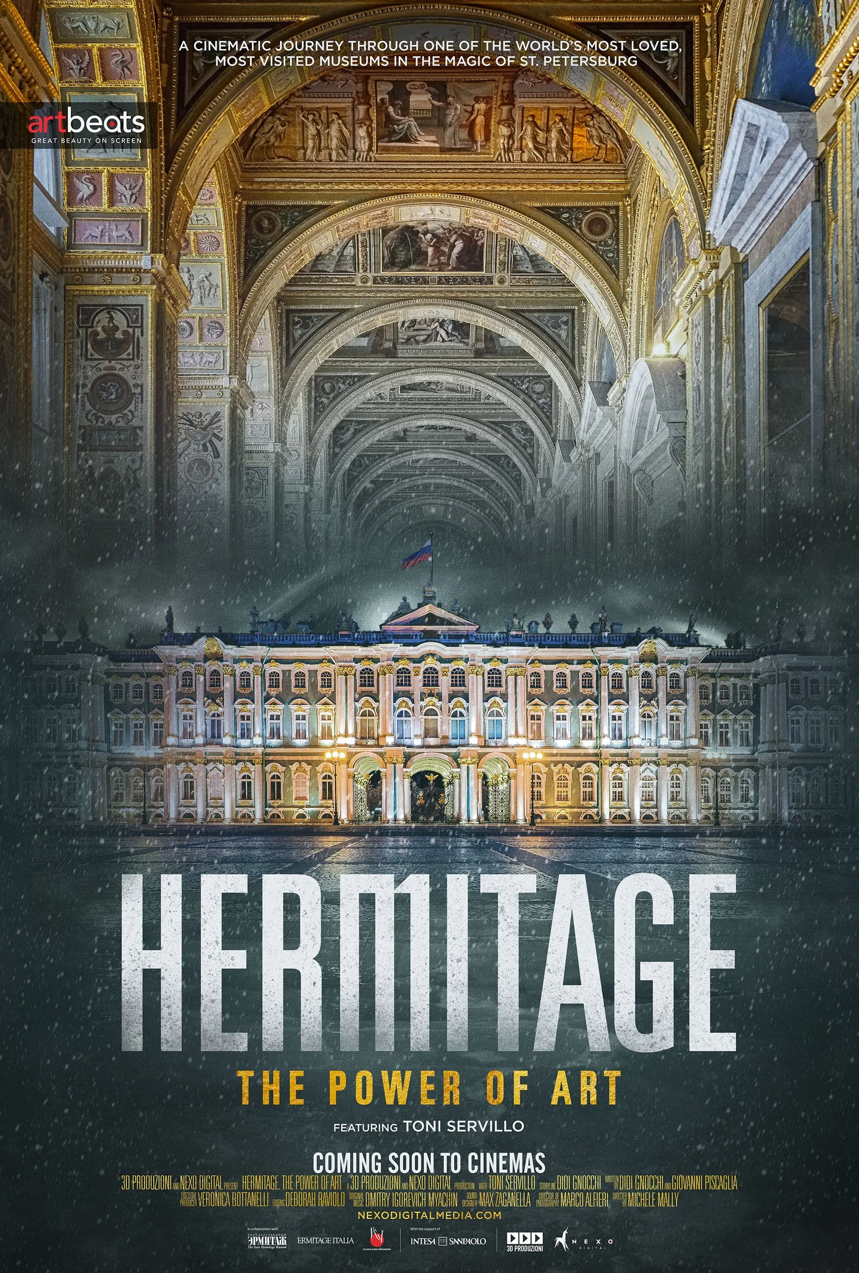 Filmplakat for "Hermitage: The Power of Art" med bilde av Hermitage-museet og interiørdetaljer. Store bokstaver viser tittelen og informasjon om premiere. Tekst på engelsk.