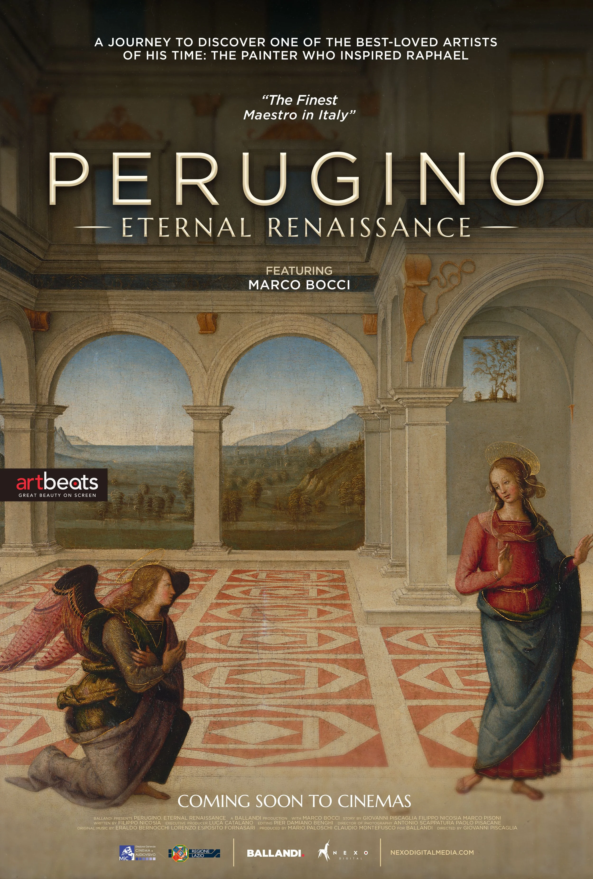Filmplakat for "Perugino: Eternal Renaissance" med kunstmotiv av engel og kvinne. Teksten inneholder sitater og navn, inkludert Marco Bocci. Kommer snart på kino. Logoer for Artbeats, Ballandi, og andre produsenter.