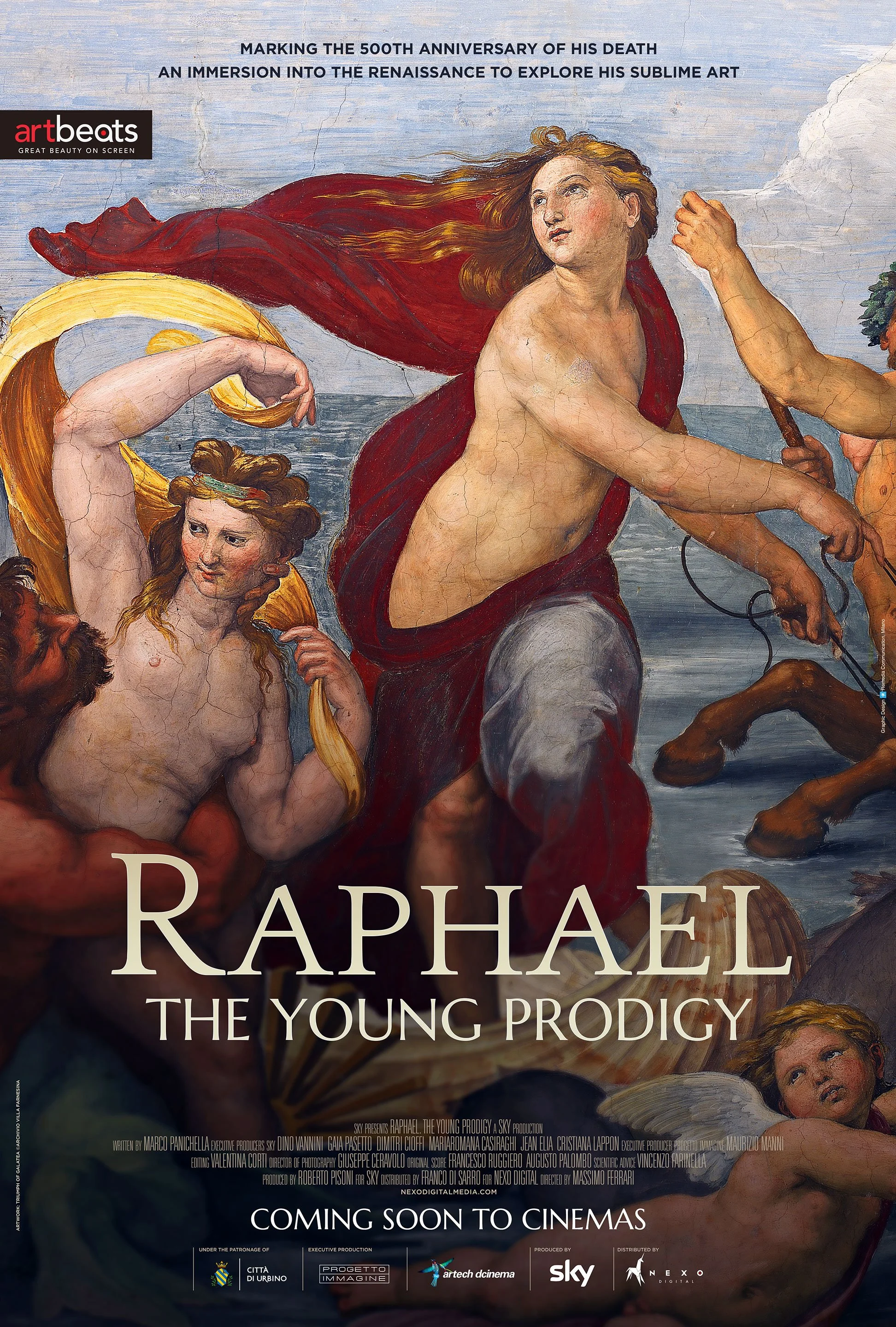 Filmplakat for 'Raphael: The Young Prodigy' med renessansekunst og tekst om filmens lansering.