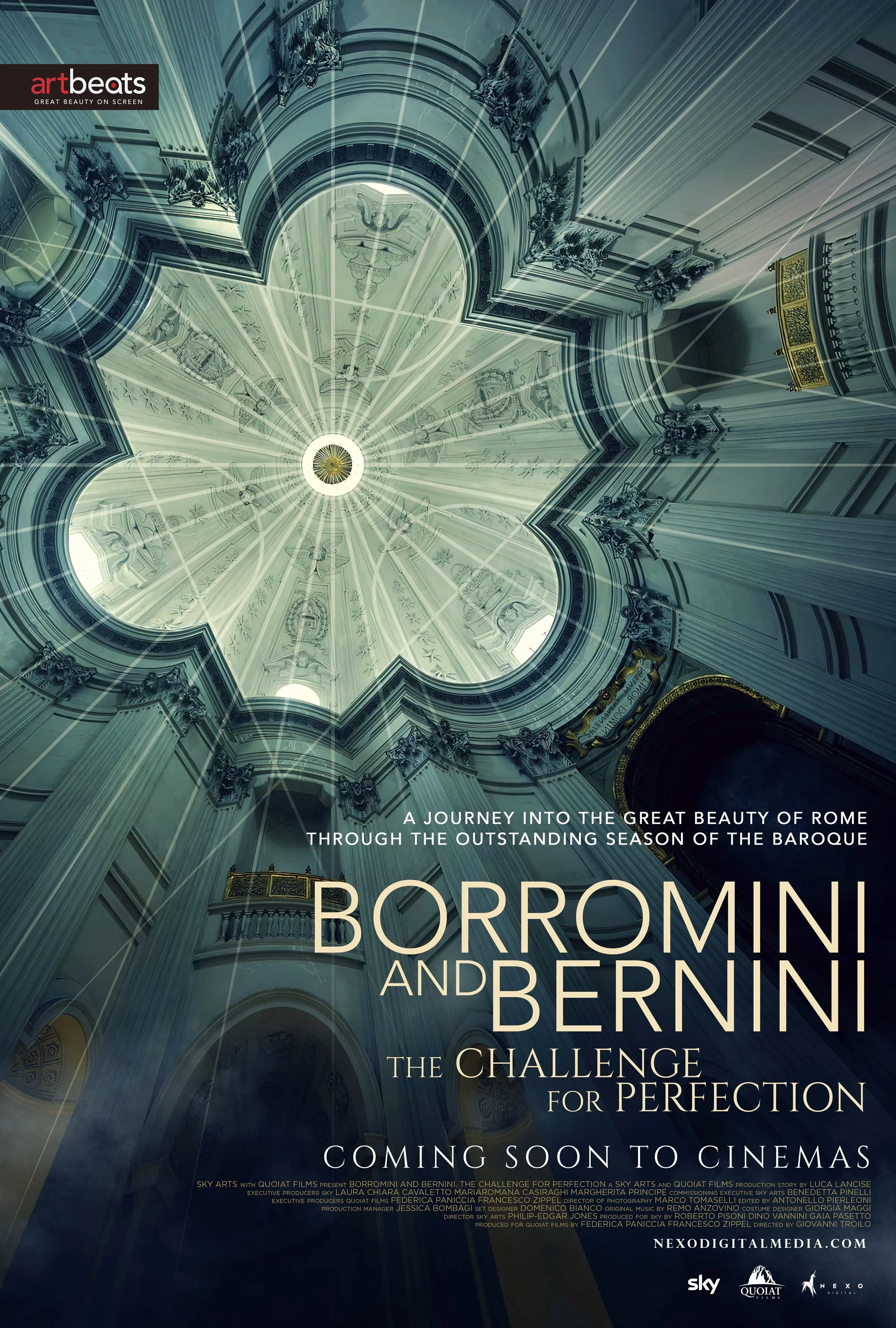 Plakat for filmen "Borromini and Bernini: The Challenge for Perfection" med et utsmykket barokk interiørtak. Annonserer kommende kinovisning.