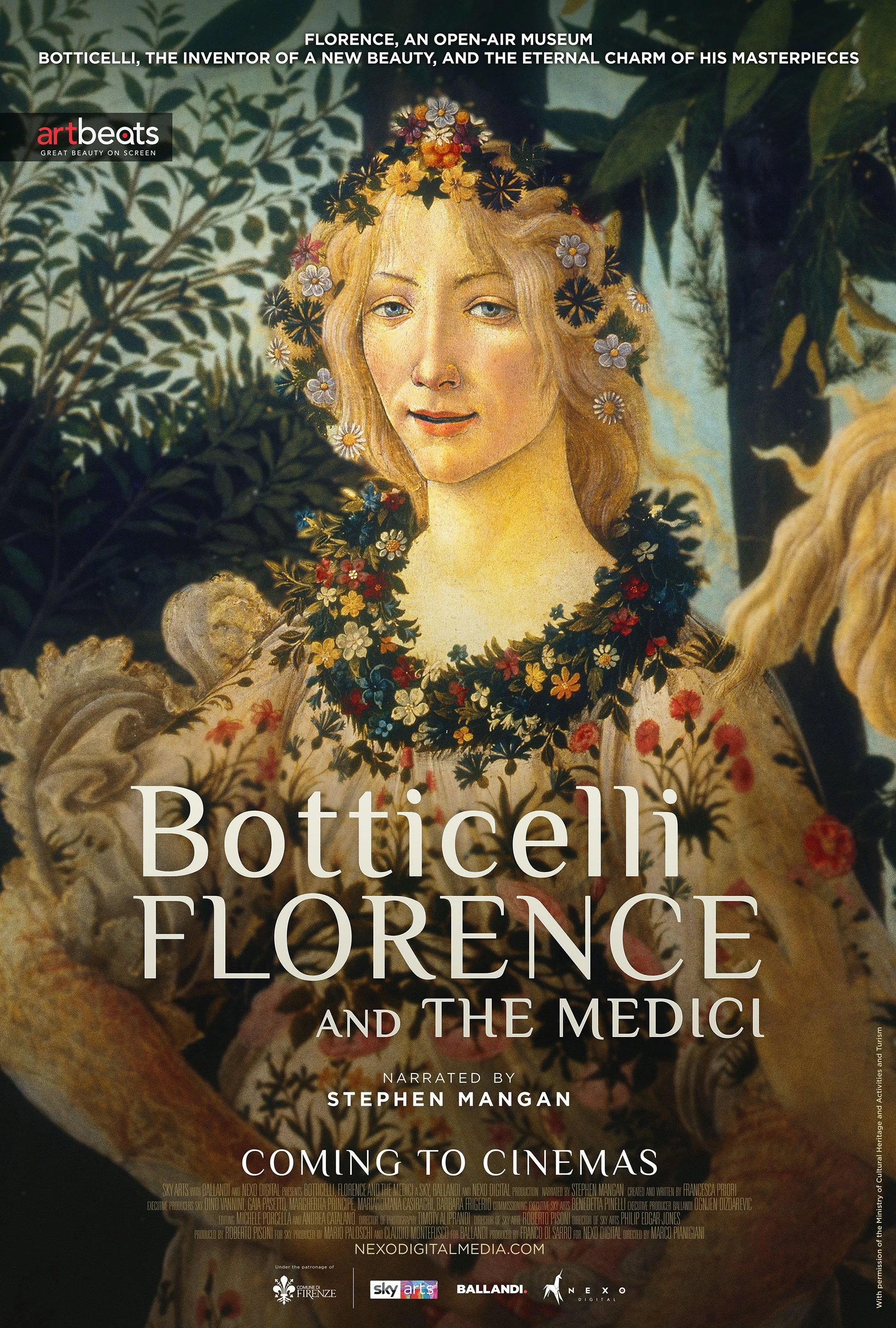 Plakat for filmen "Botticelli Florence and the Medici" med en maleri av en kvinne omgitt av blomster, tekst som inkluderer tittel og utgivelsesdetaljer.