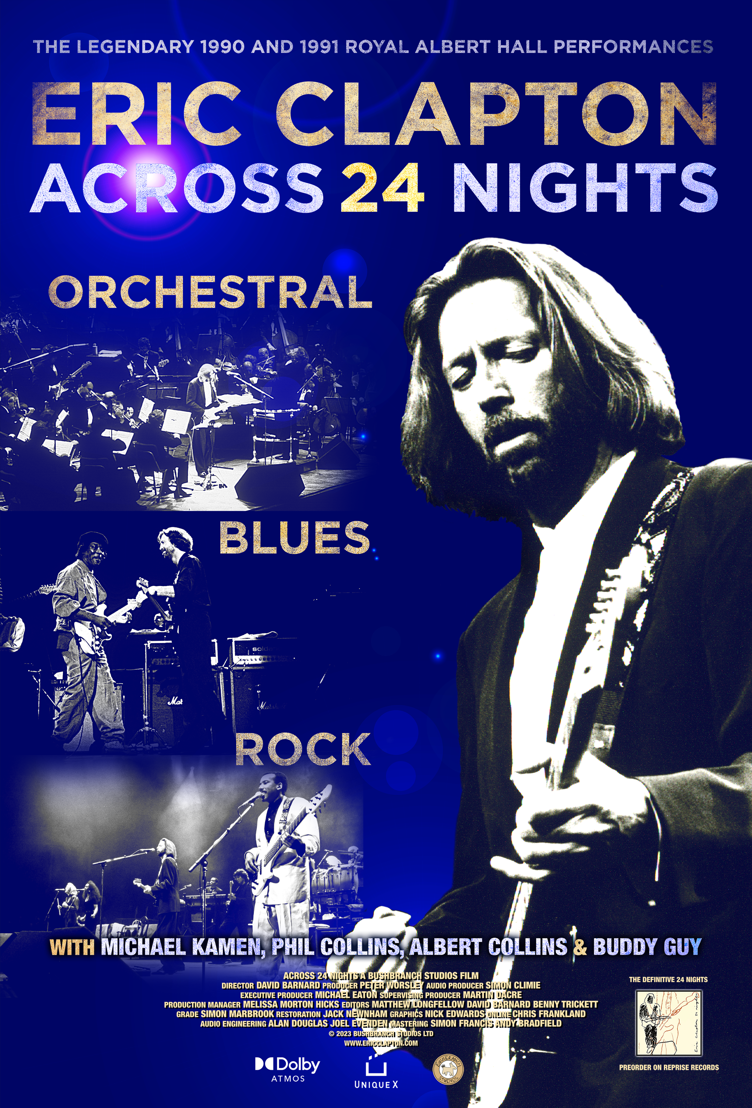 Plakat for Eric Clapton-konserten "Across 24 Nights" med orkestral-, blues- og rocktemaer. Viser bilder av musikere og Eric Clapton som spiller gitar.