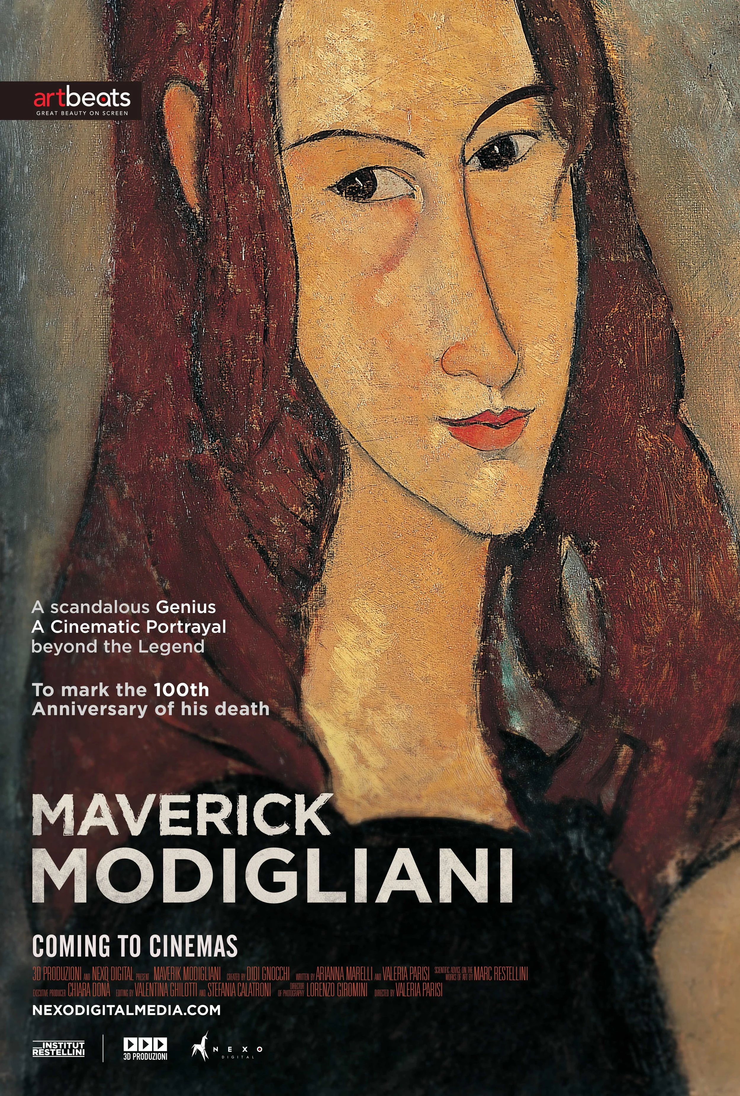 Filmplakat med maleri av et ansikt, teksten "Maverick Modigliani", kommer snart til kinoer.