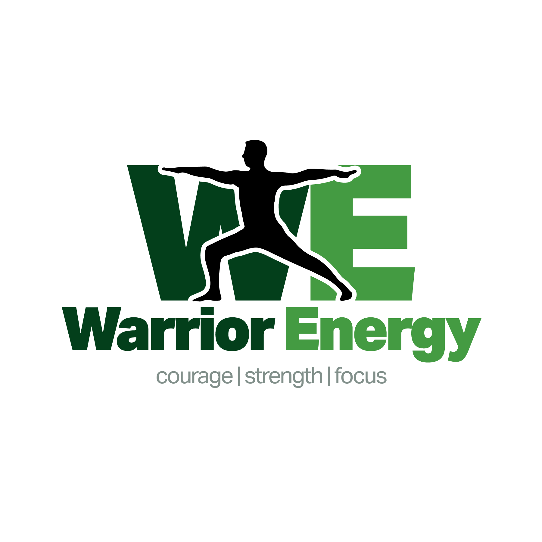 Logo for Warrior Energy featuring a black silhouette of a person in a yoga pose in front of the words 'WE' and the text 'Warrior Energy' in black and green, with the tagline 'courage | strength | focus' in gray.