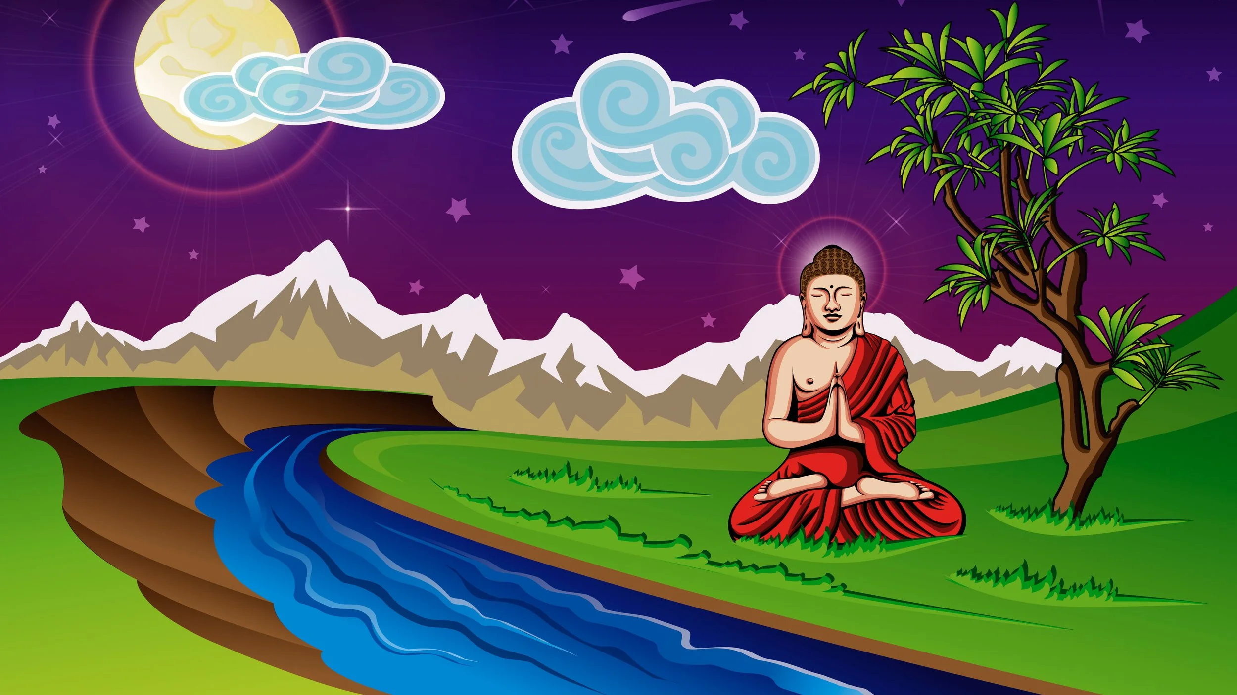 A cartoon-style picture of a Buddha meditating under a tree near a river, with mountains, a colorful night sky, clouds, a bright moon, and stars.