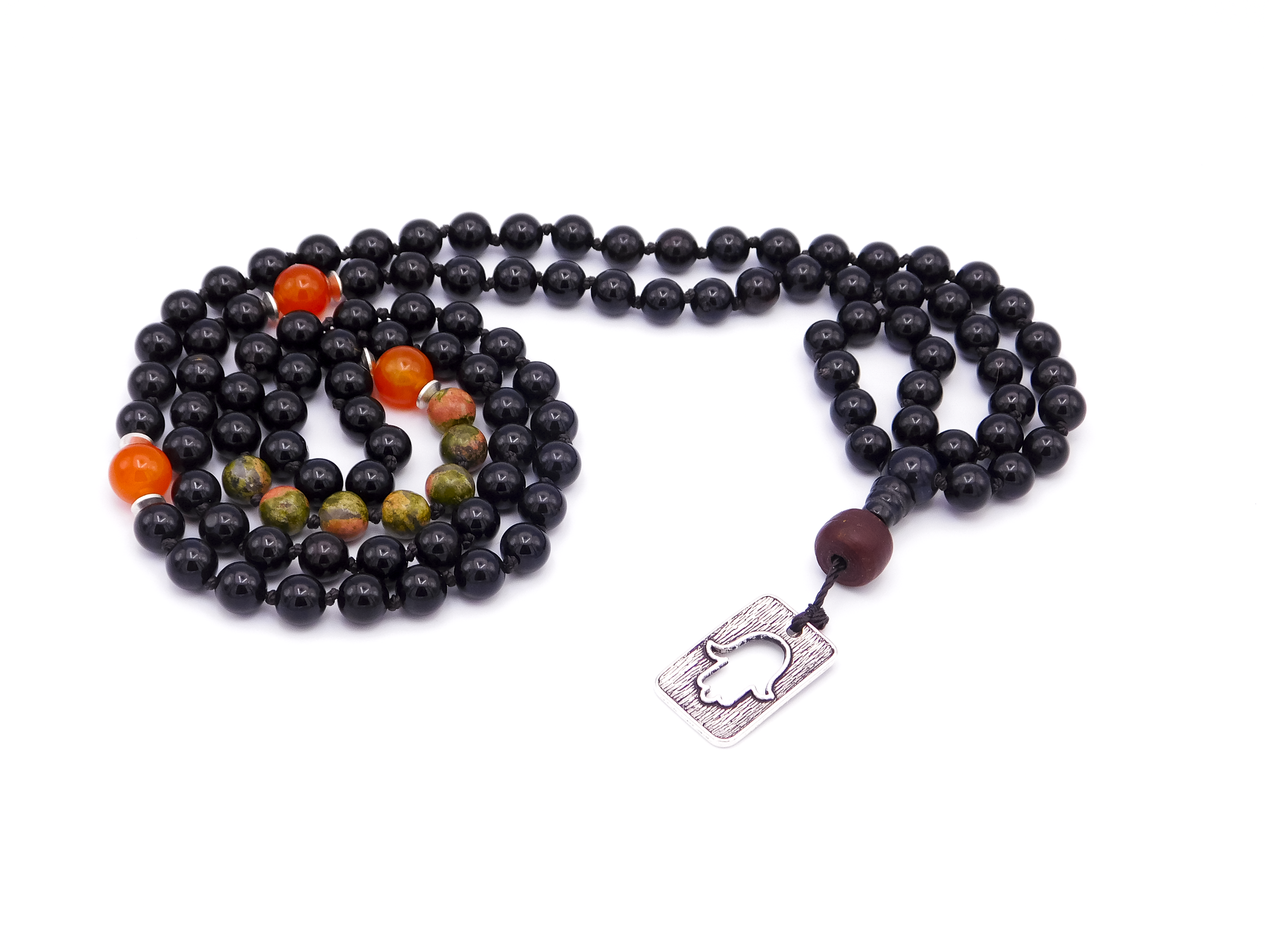 Beaded prayer necklace with black and orange beads, a metal hand charm, and a wooden bead.