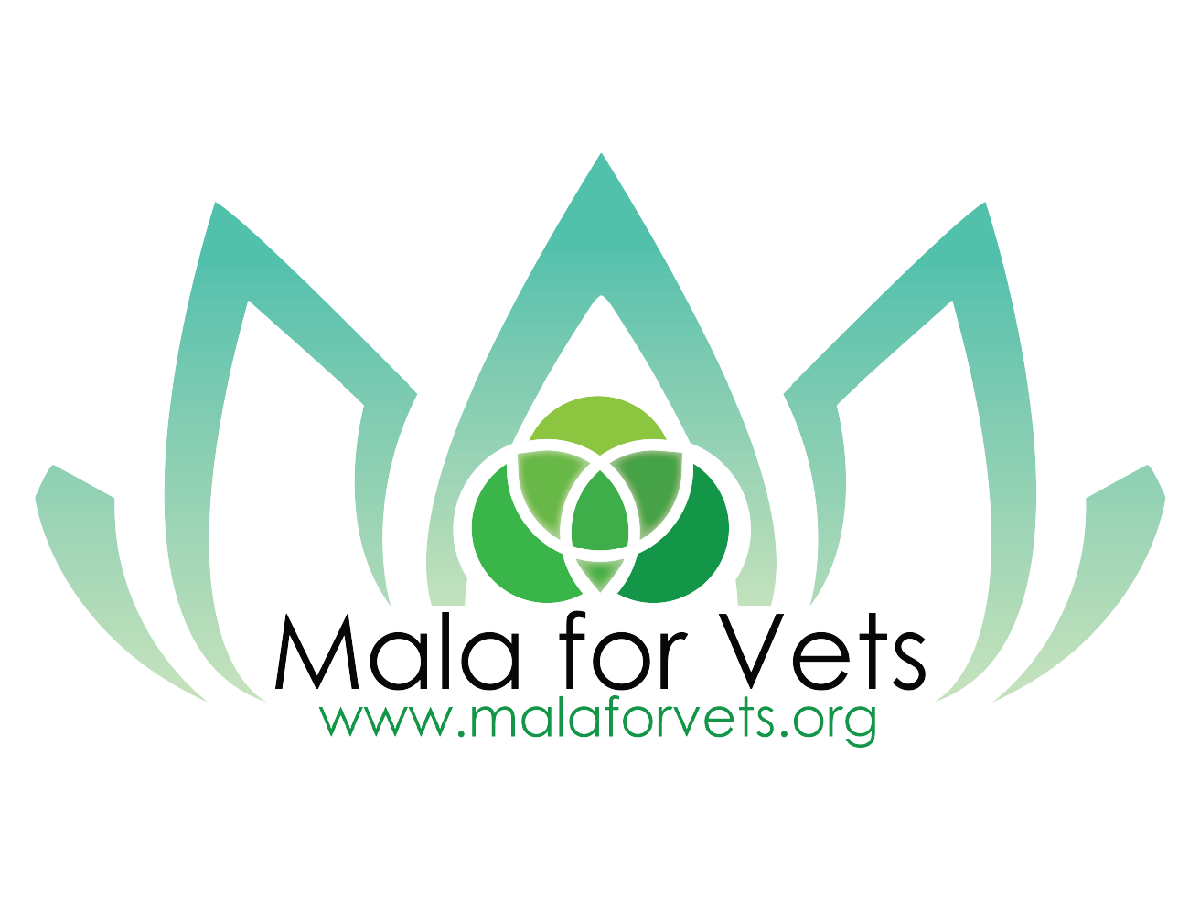 A graphic logo with a stylized cyan lotus flower surrounding three interlinked green circles at the center. Below the lotus, the text reads "MalaforVets" with the website "www.malaforvets.org" underneath.