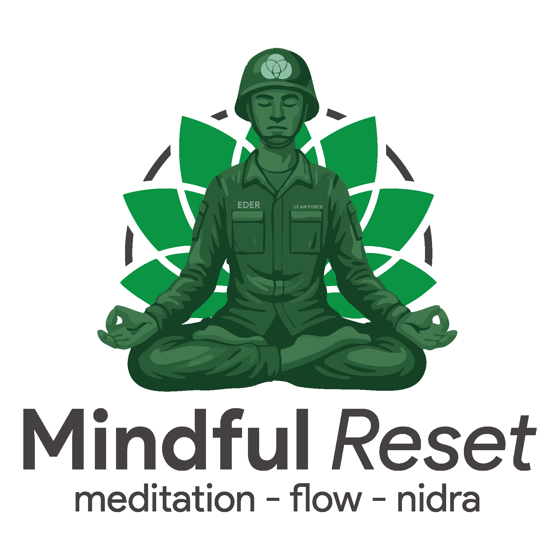 A person in military uniform sitting cross-legged in a meditative pose with hands resting on knees, eyes closed, in front of a green abstract lotus flower design, with text reading 'Mindful Reset, meditation - flow - nidra'.
