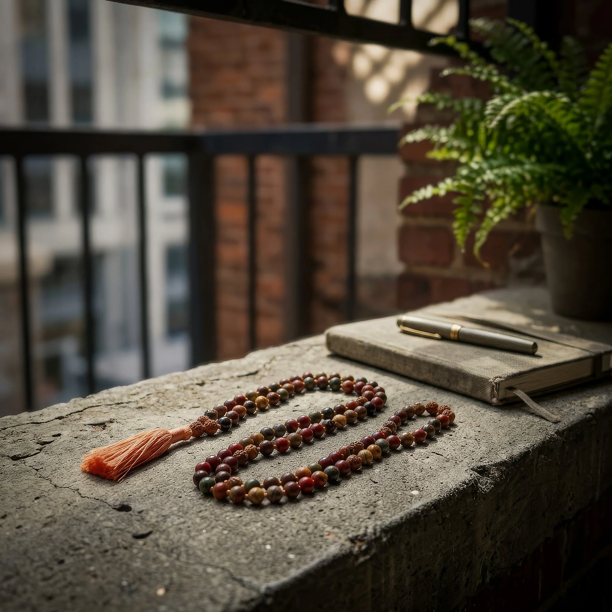 A beaded necklace with warm-colored beads and a long tassel rests on a textured stone surface. A closed notebook with a pen is nearby, and a green plant is in the background. The scene is lit with soft natural light.