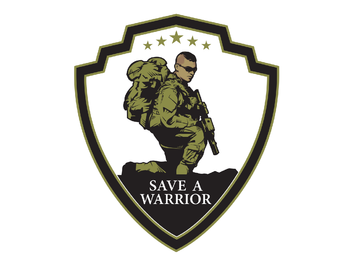 A military-style emblem featuring a kneeling soldier with a backpack and tactical gear, holding a rifle, with the words "Save a Warrior" underneath, and five stars above, all within a shield outline.